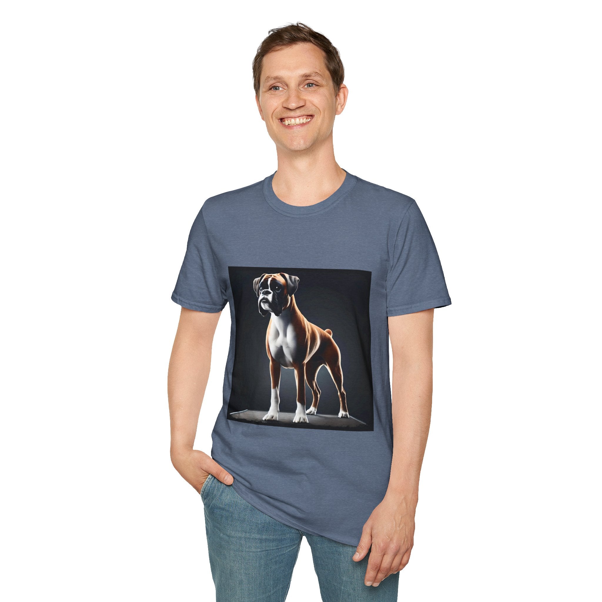 Male model in heather indigo dog t-shirt featuring standing boxer on platform with black background and dramatic lighting.