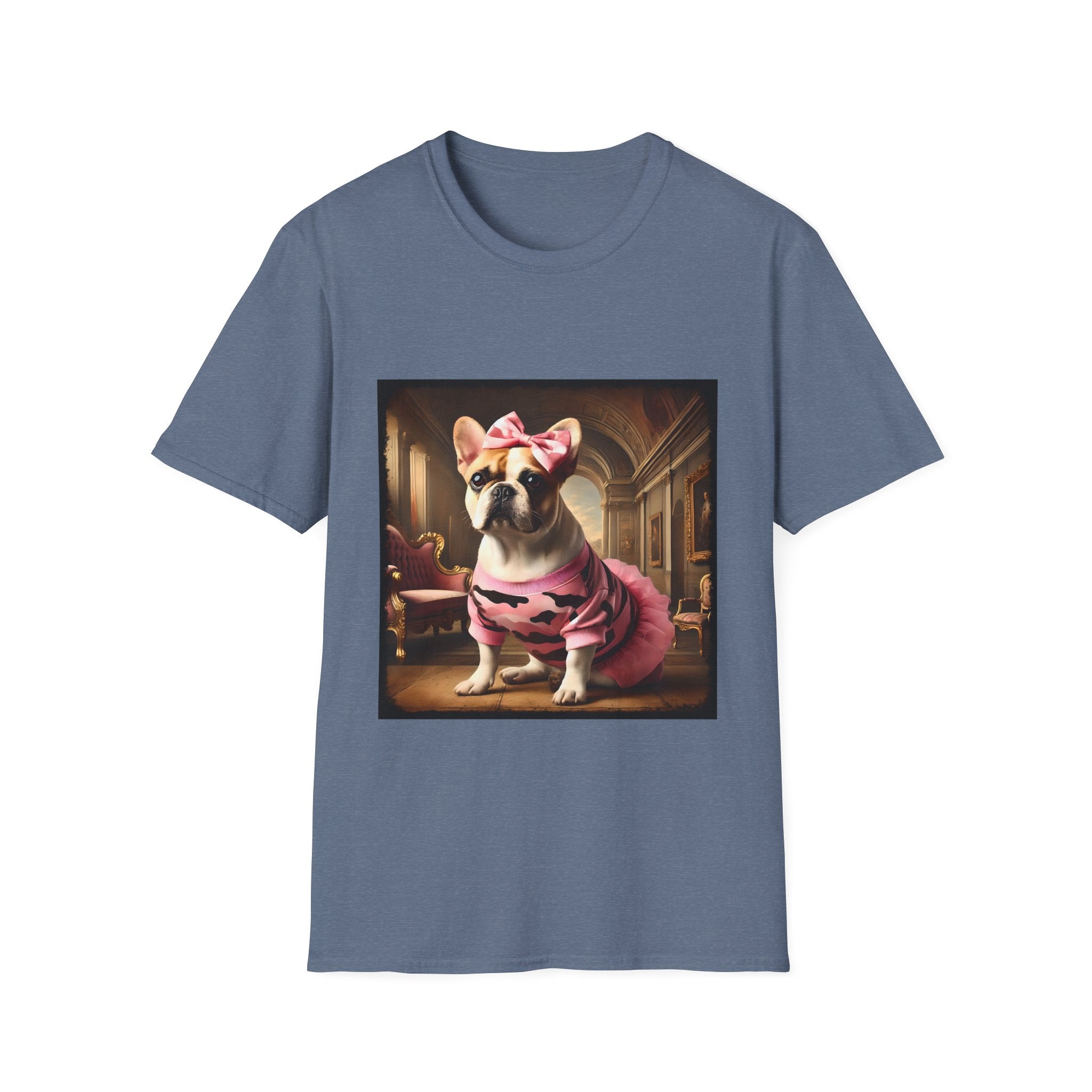 Heather indigo dog t-shirt featuring fawn and white French Bulldog in pink camouflage dress and bow in ornate hallway scene.