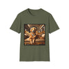 Military green dog t-shirt featuring regal golden retriever in diamond collar lounging on ornate gold baroque settee.