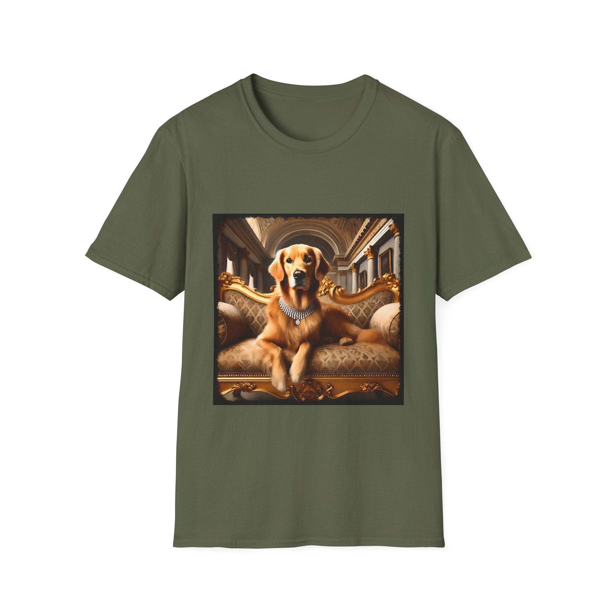 Military green dog t-shirt featuring regal golden retriever in diamond collar lounging on ornate gold baroque settee.