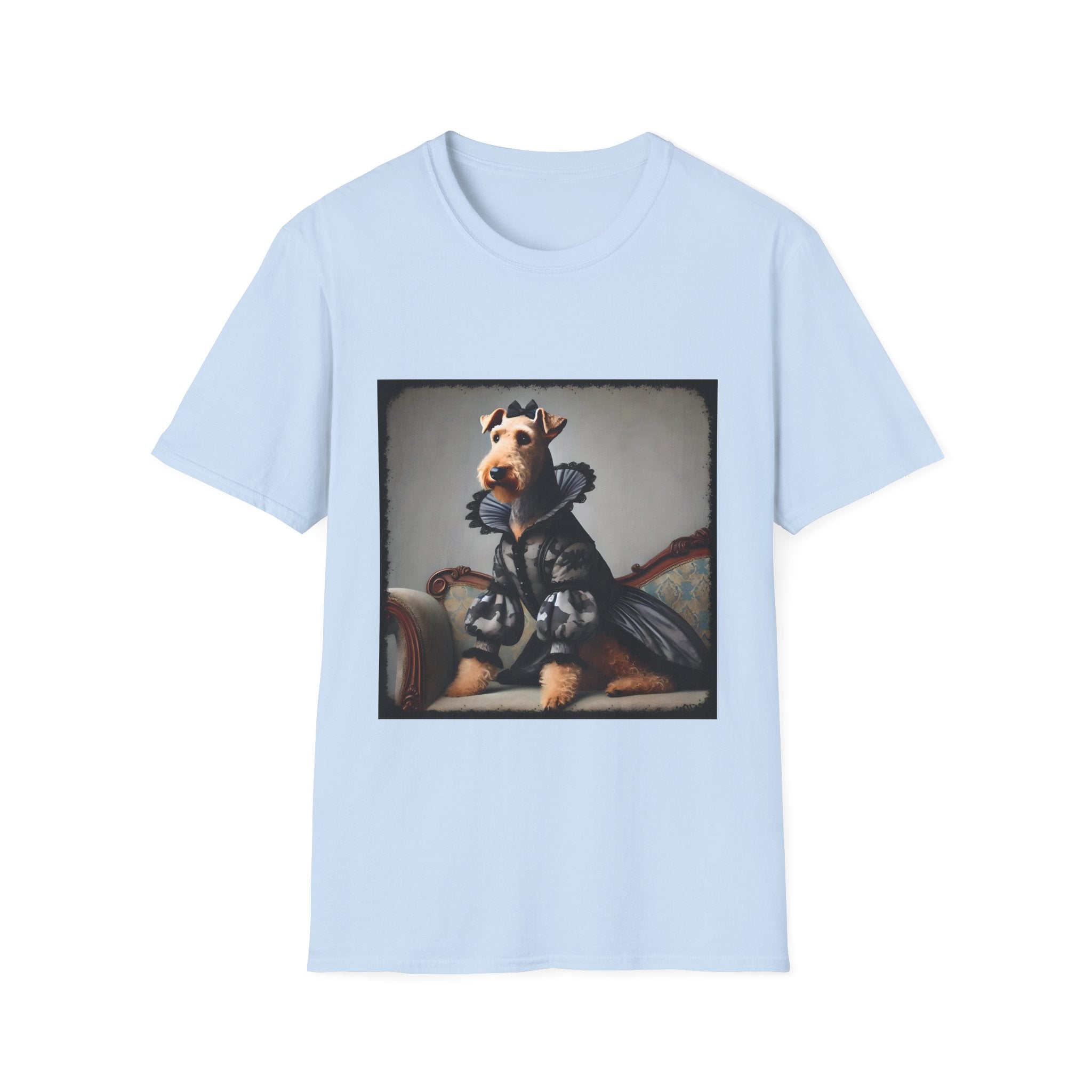 Light blue dog t-shirt featuring Airedale terrier in camouflage Renaissance gown seated on settee.