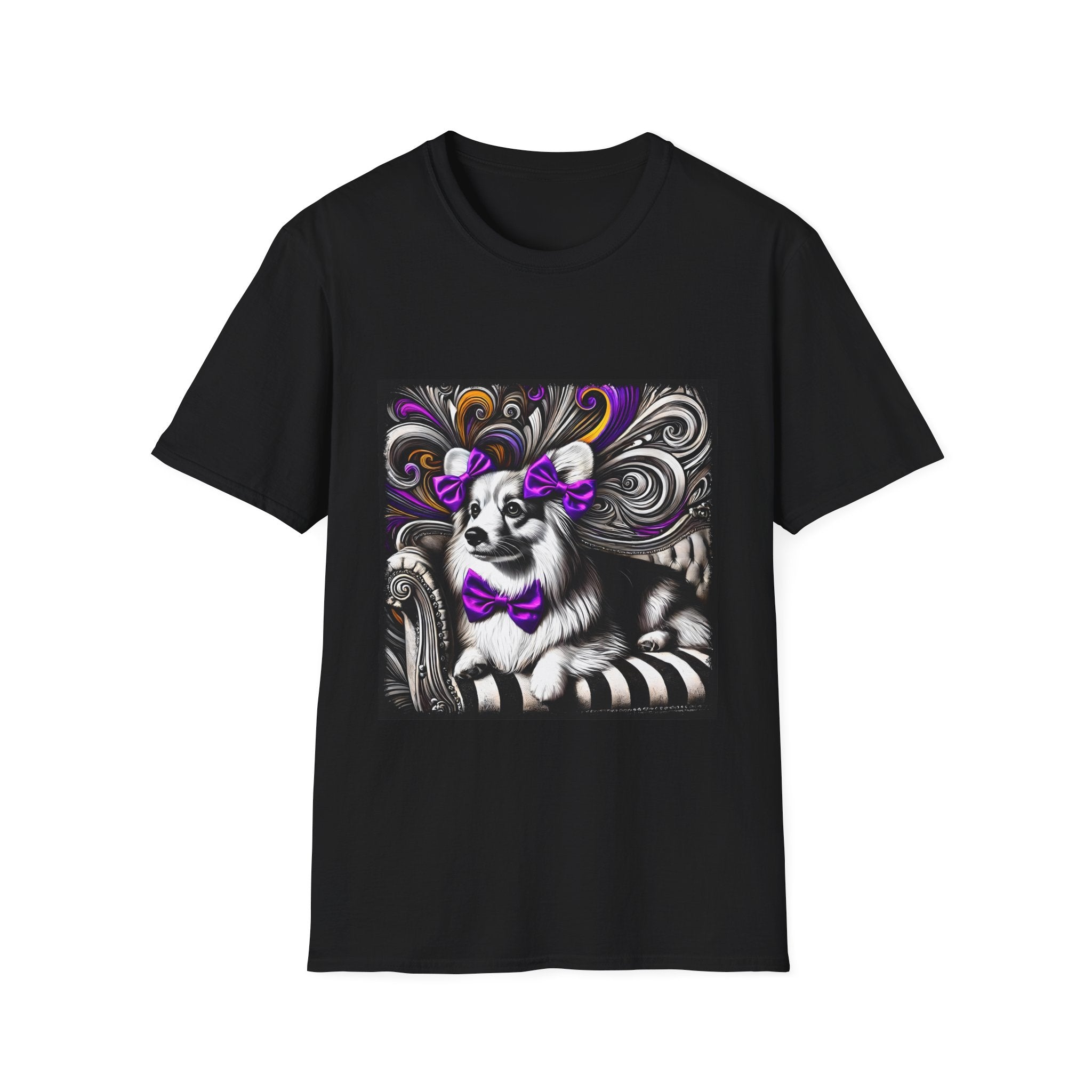Pembroke Welsh Corgi B&W Purple Bow | Unisex Dog T-Shirt