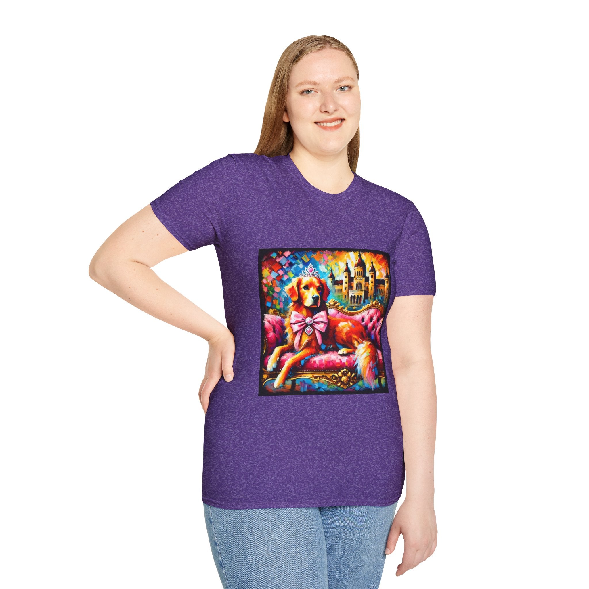 Female model in heather purple dog t-shirt featuring golden retriever princess on pink settee with tiara and castle backdrop.