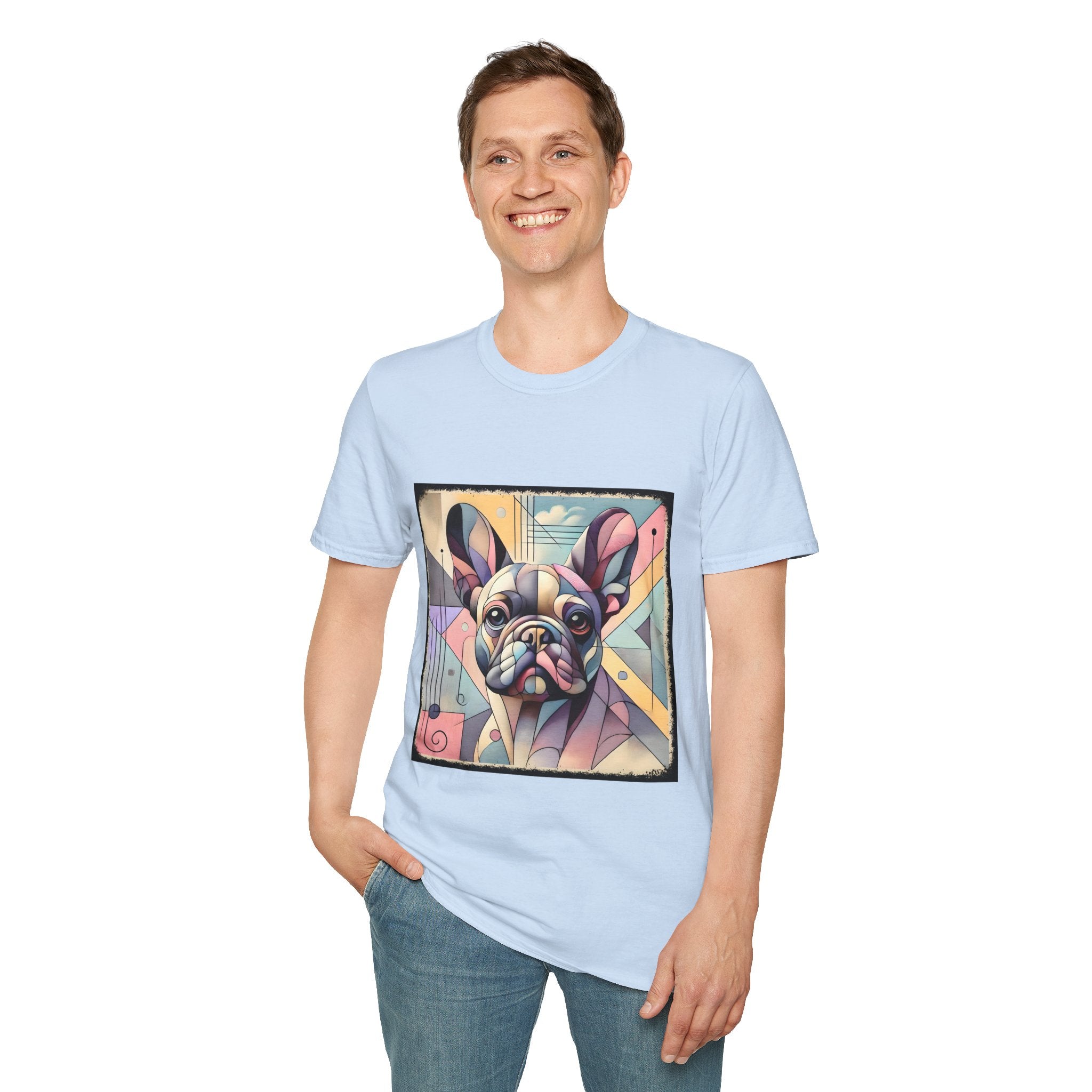 Smiling man in light blue shirt with Cubism-style French Bulldog design in soft pastel colors and abstract shapes.