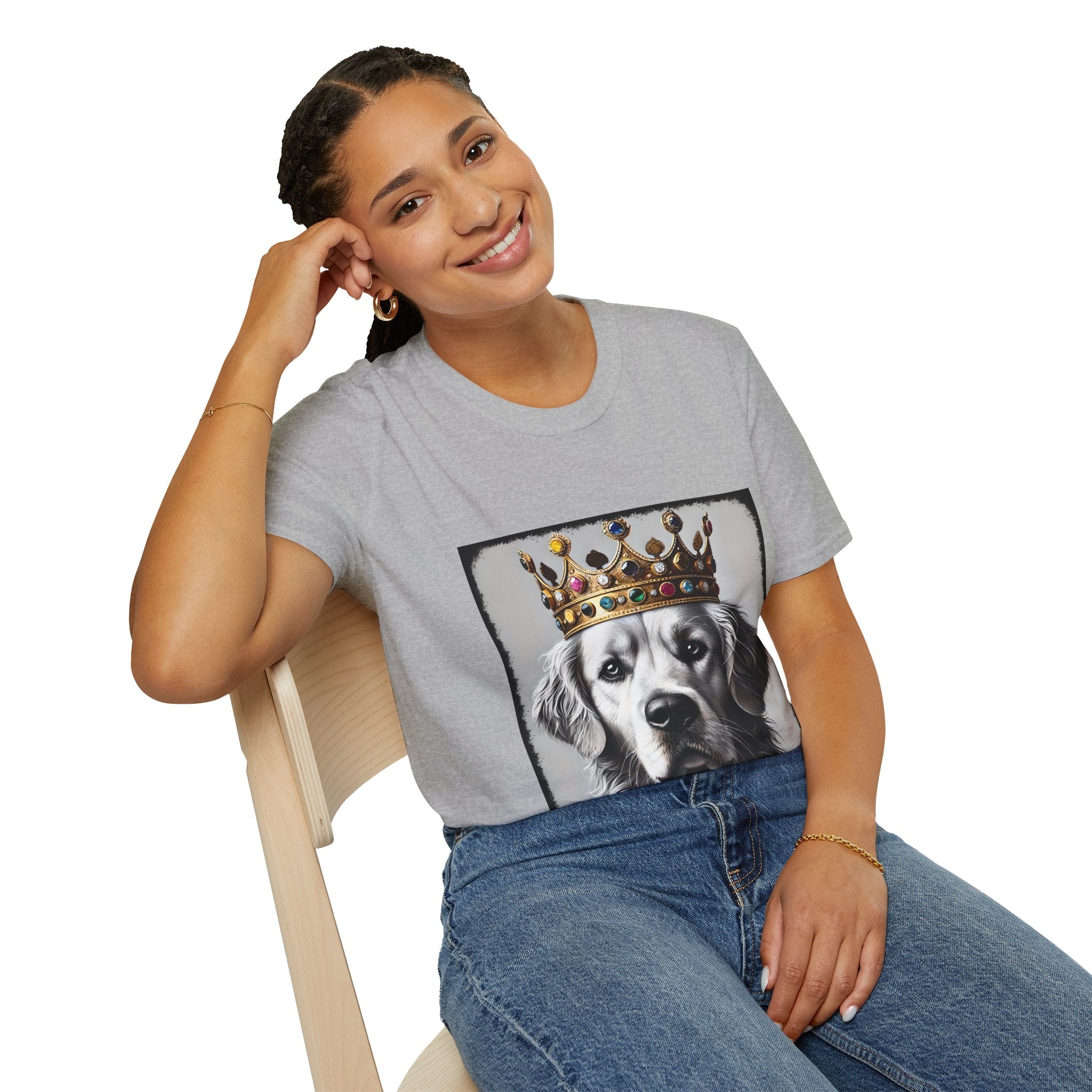 Female model in sport gray dog t-shirt featuring a black-and-white golden retriever in jeweled crown on gray backdrop.