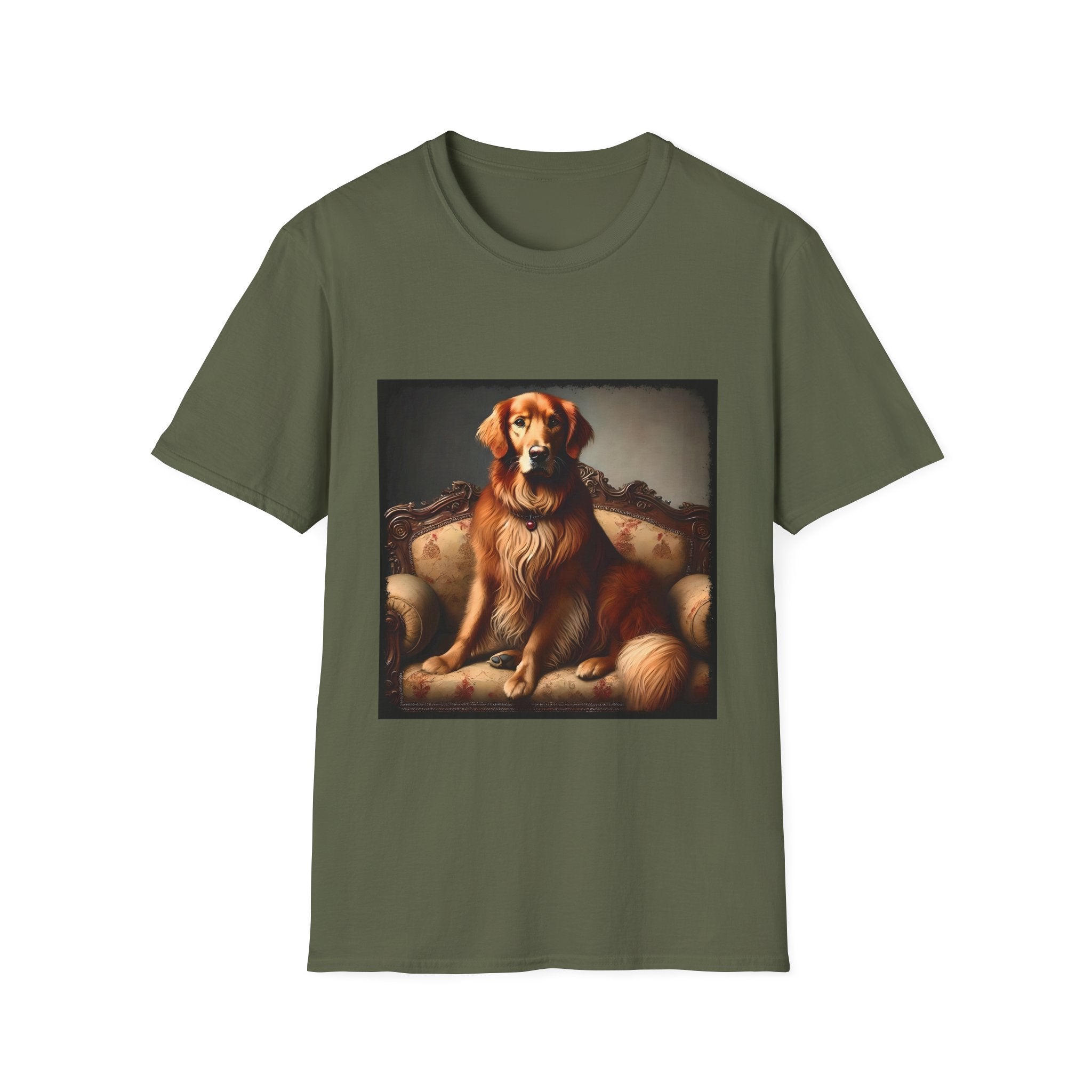Military green dog t-shirt featuring golden retriever on ornate settee with long fur and classic red tones.
