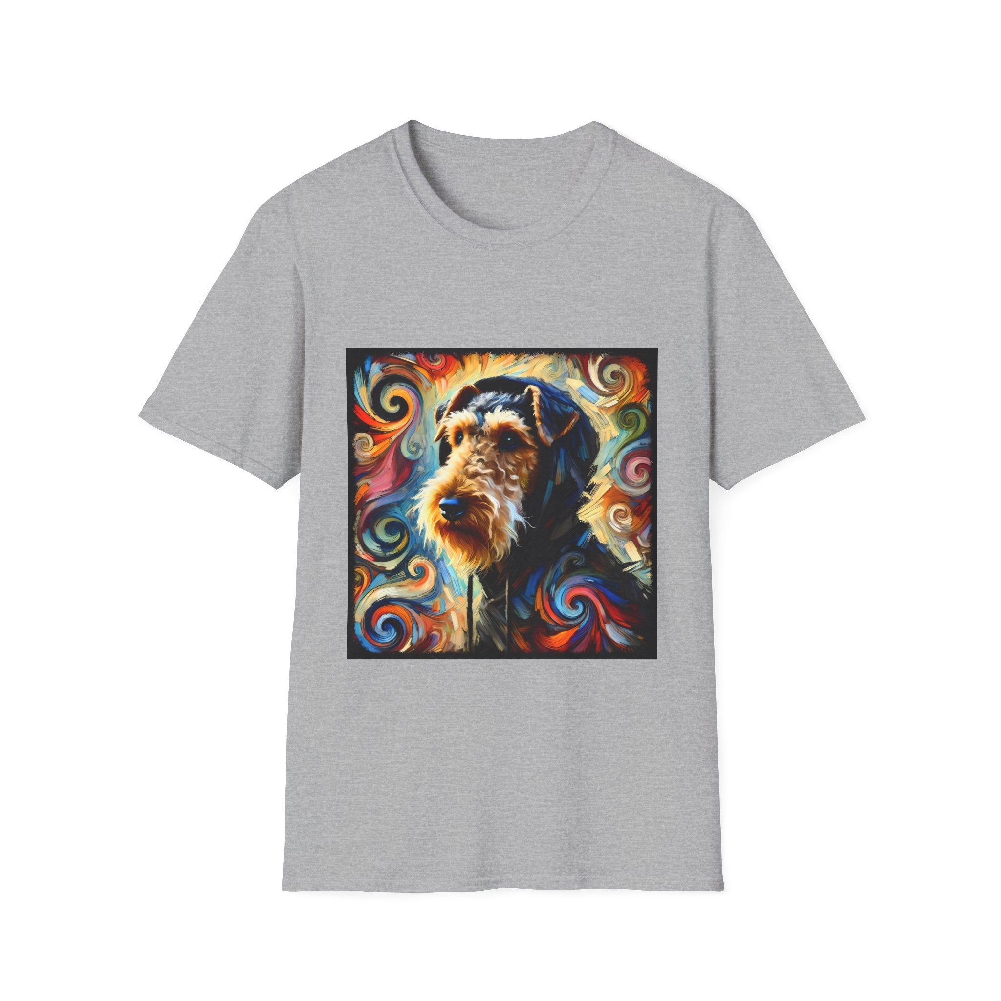 Sport gray dog t-shirt with Airedale terrier in hoodie and vibrant multicolor swirl background.
