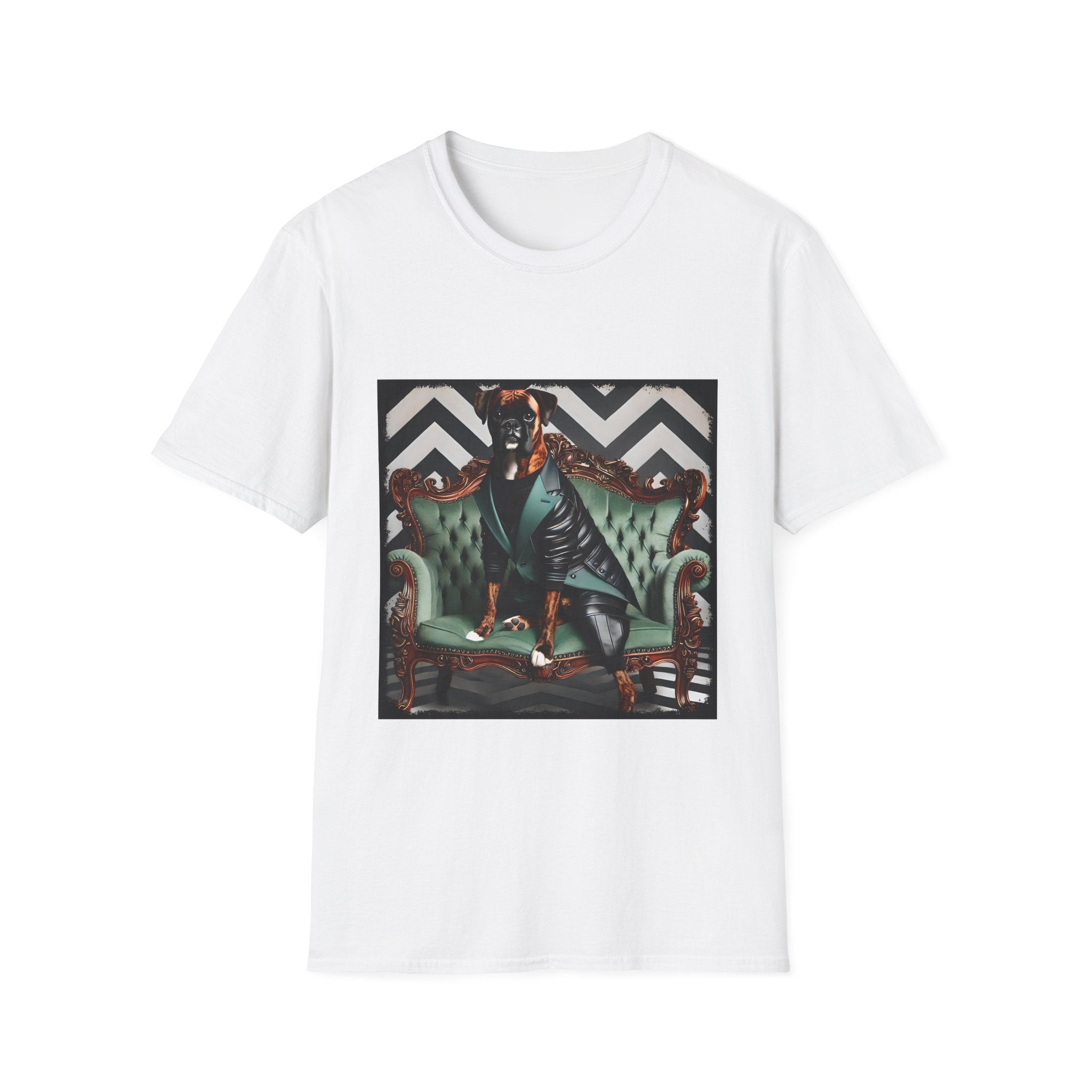 White dog t-shirt featuring a brindle boxer in leather jacket on green settee with chevron wall backdrop.