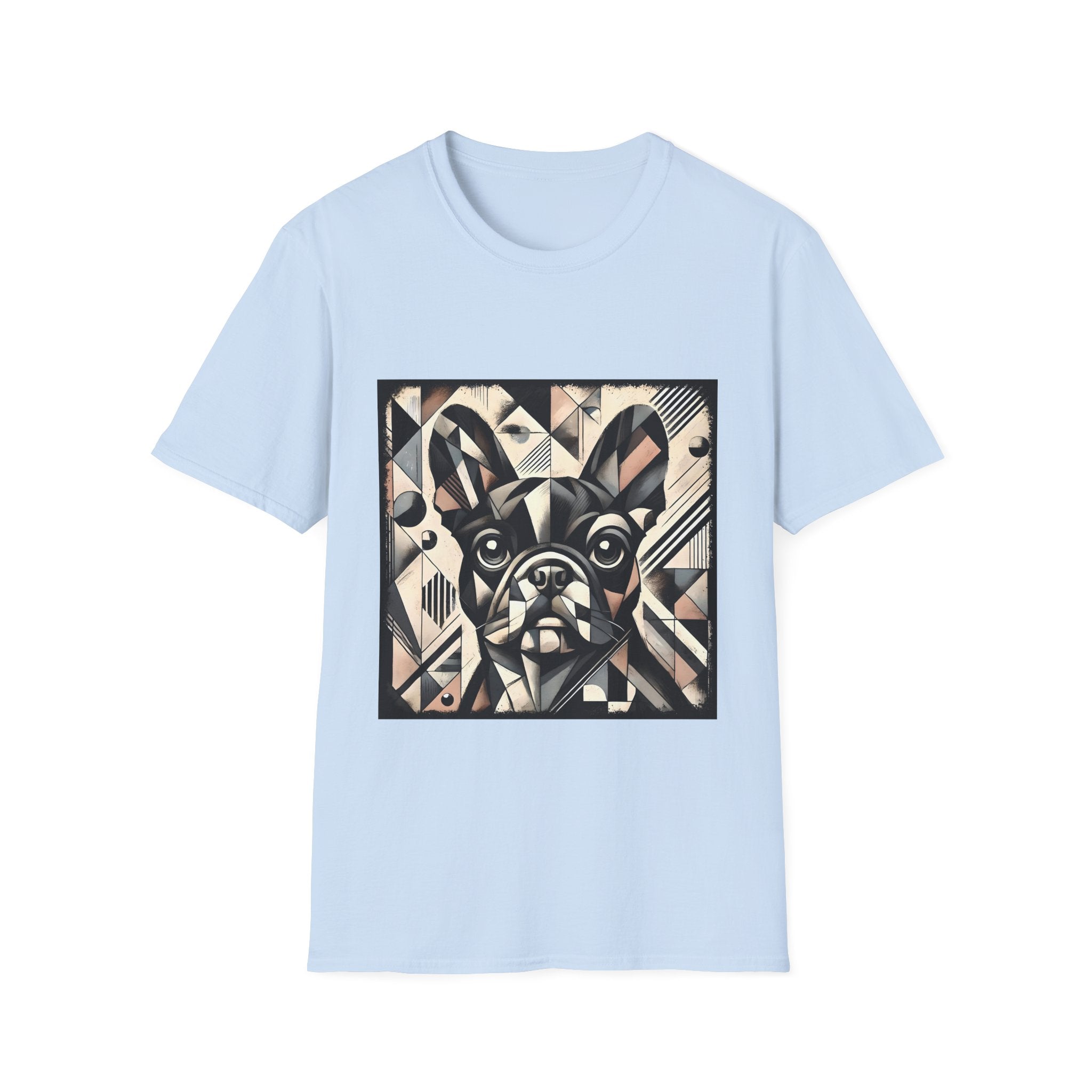 Light blue dog t-shirt featuring geometric French Bulldog in cubist tones of black, beige, cream, and soft blush.