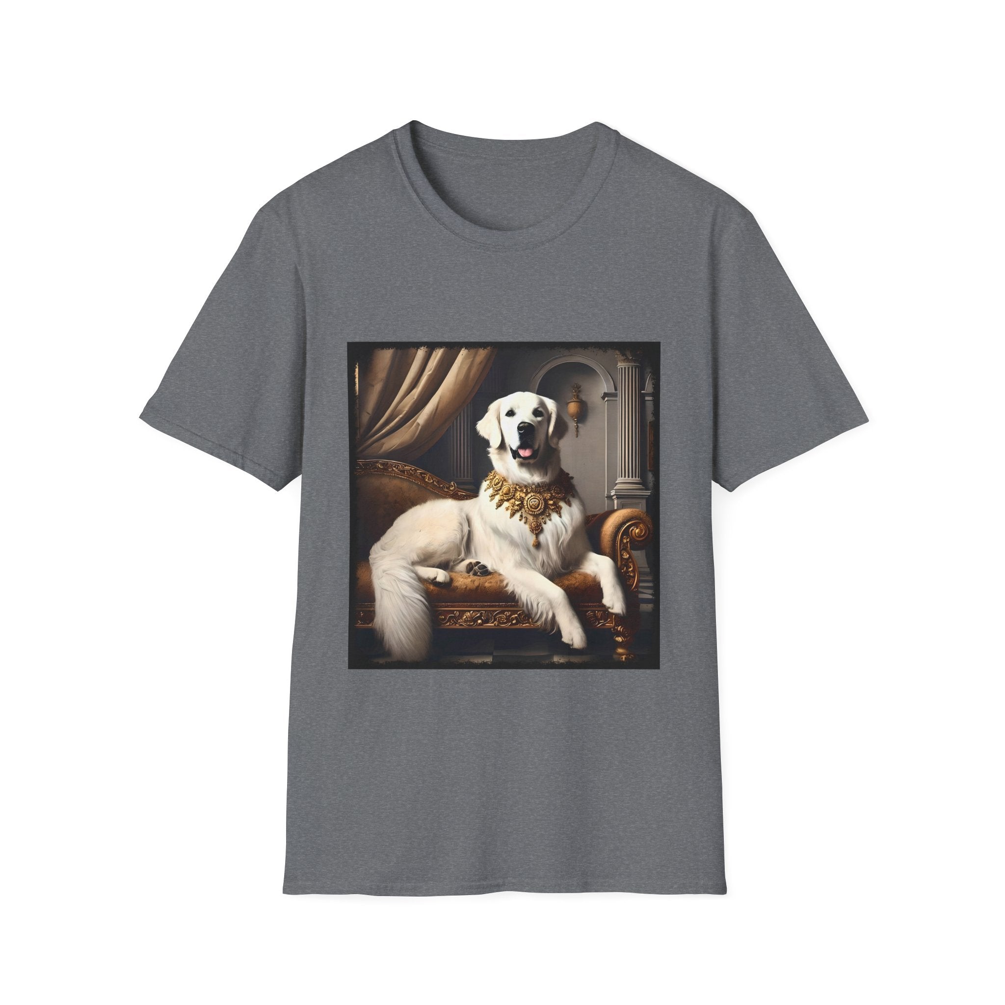 Graphite heather dog t-shirt featuring a regal white golden retriever lounging on a gold settee with ornate curtains.