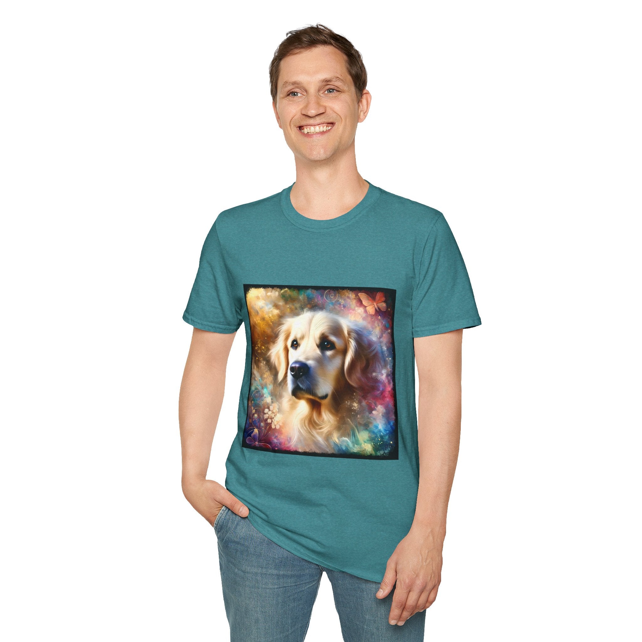 Male model in teal dog t-shirt with golden retriever portrait, soft fur, butterflies, and dreamy pastel colors.