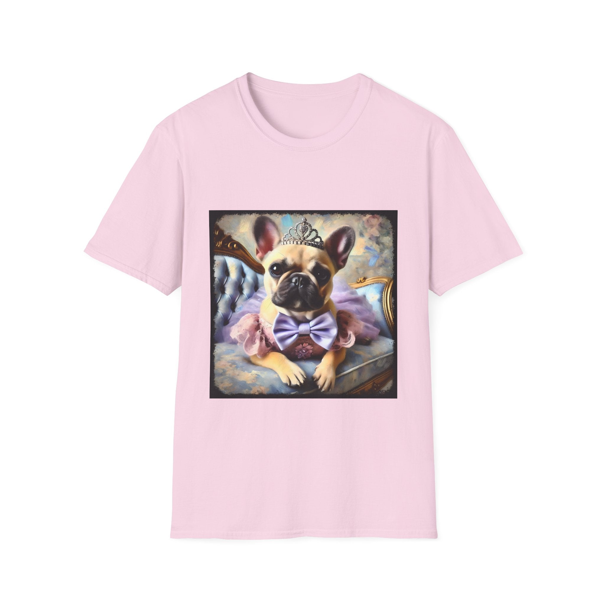 Light pink dog t-shirt featuring French Bulldog wearing tiara, purple tutu, and bow, seated on royal chair with pastel background.