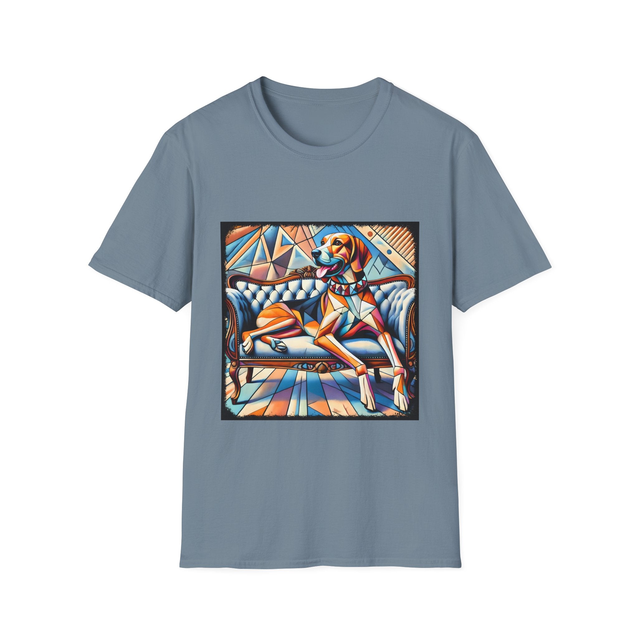 “Treeing Walker Coonhound Bold Geometric” unisex t-shirt features a geometric dog lounging on a tufted sofa in vivid blue, orange, and yellow tones against an artistic patterned background.