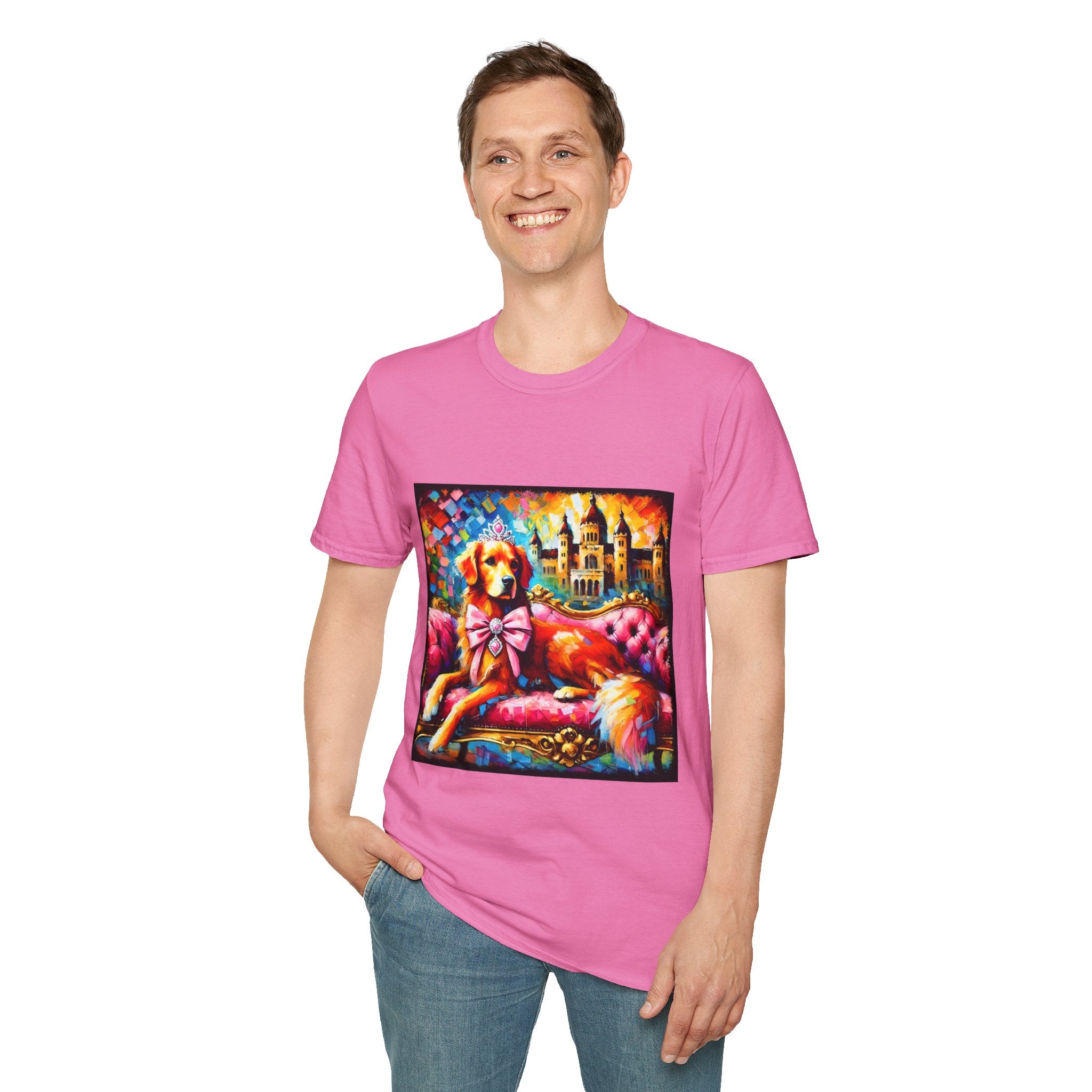 Male model in pink dog t-shirt featuring golden retriever princess on pink settee with tiara and castle backdrop.