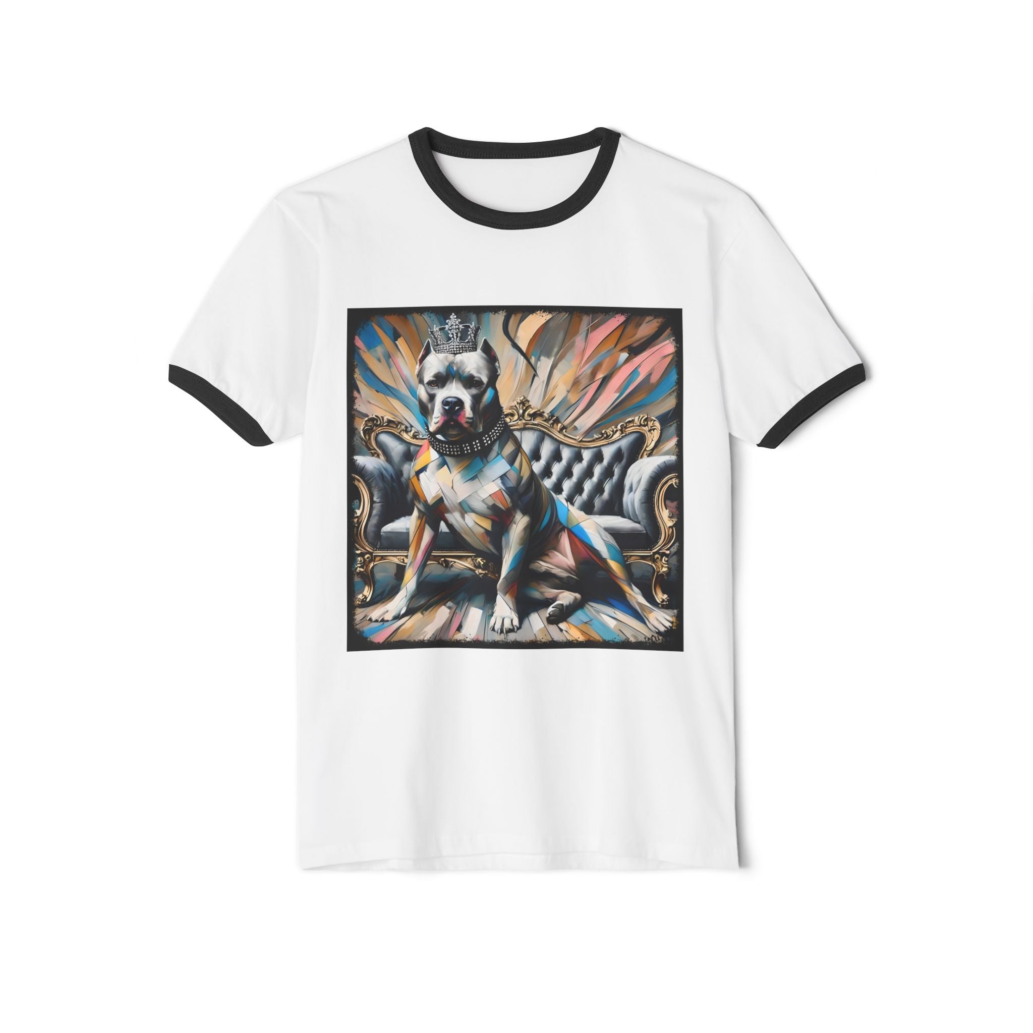 The Pitbull Royal Geometric Unisex Dog T-Shirt features a crowned pit bull on an ornate chair with vibrant geometric designs—ideal for dog lovers seeking standout style.