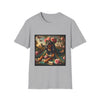 Sport gray dog t-shirt featuring coonhound in rose garden wearing green embroidered cape and crown of pink flowers.