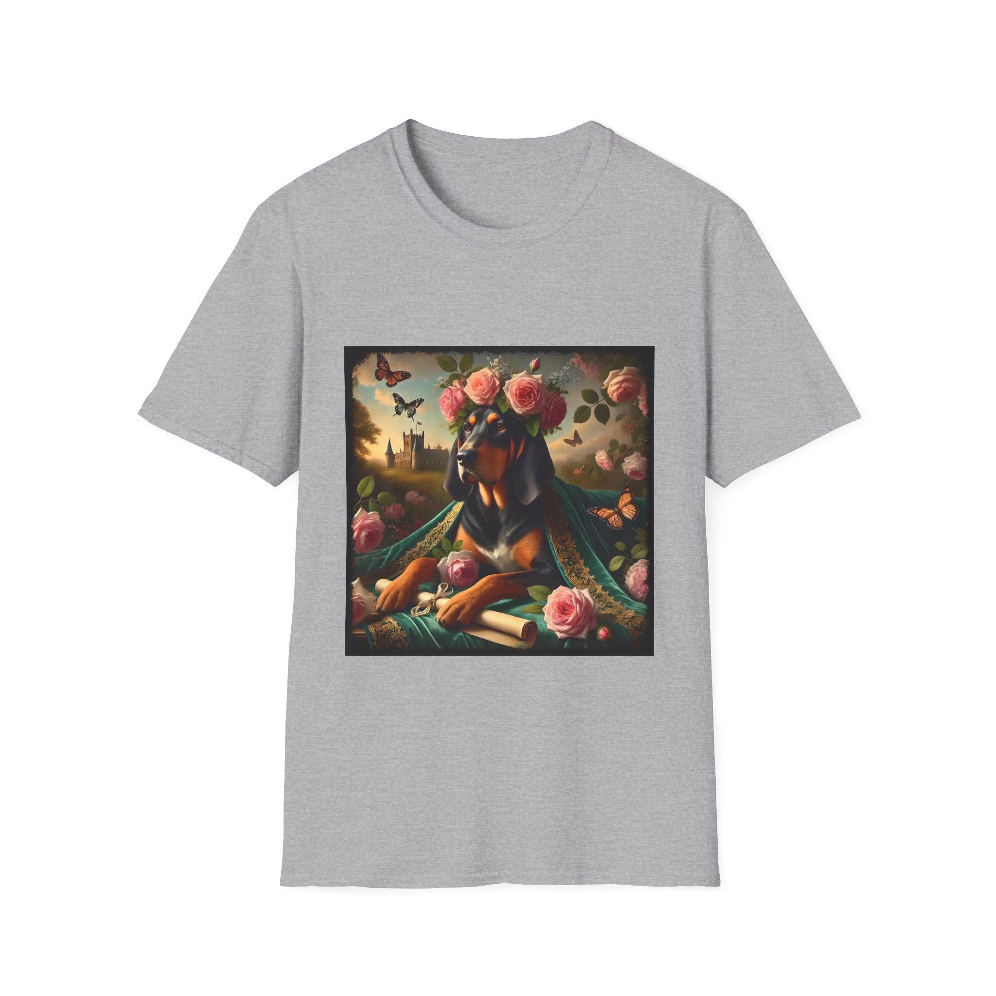 Sport gray dog t-shirt featuring coonhound in rose garden wearing green embroidered cape and crown of pink flowers.