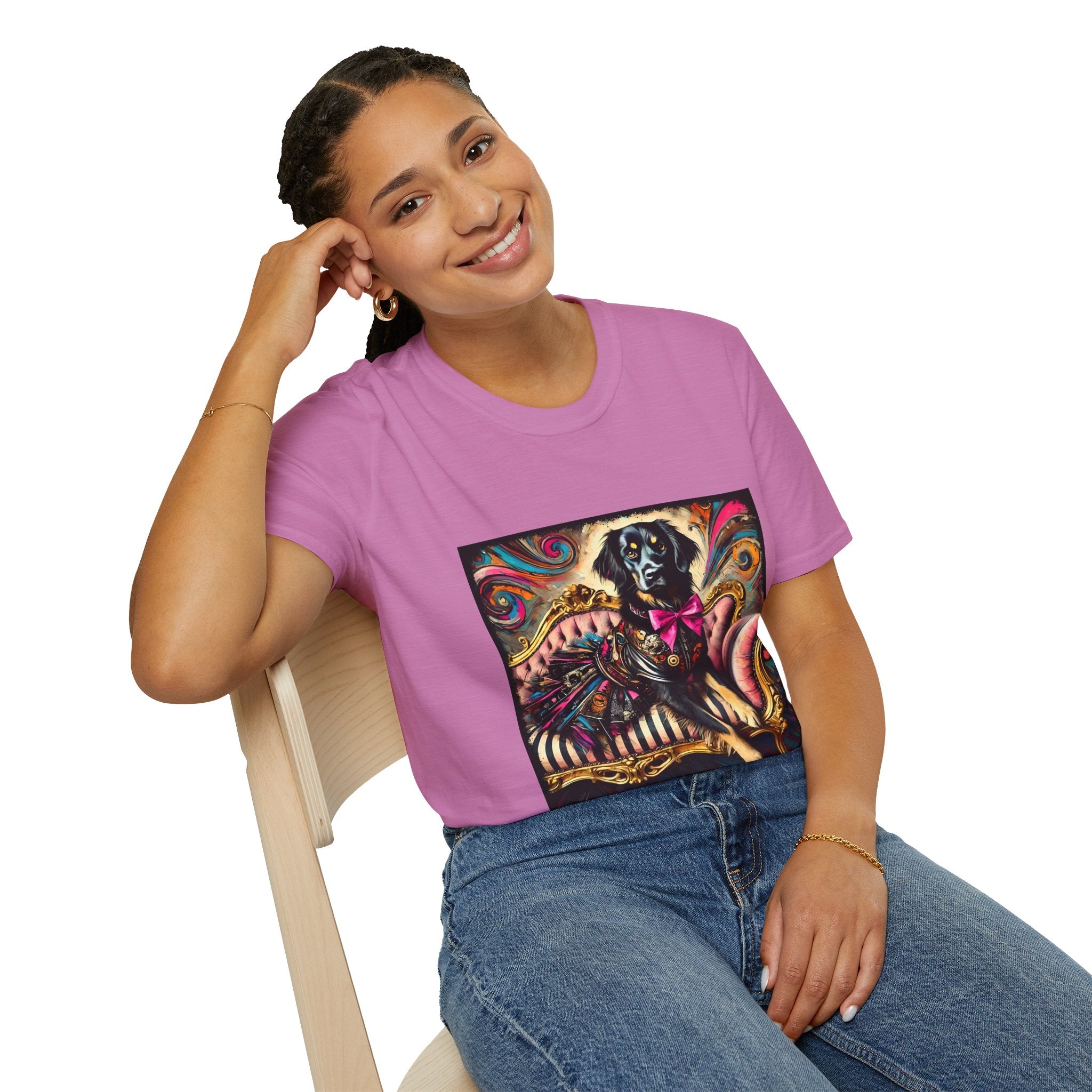 Female sitting in heather radiant orchid dog t-shirt with black retriever in edgy outfit and pink bow on striped settee, swirl backdrop.