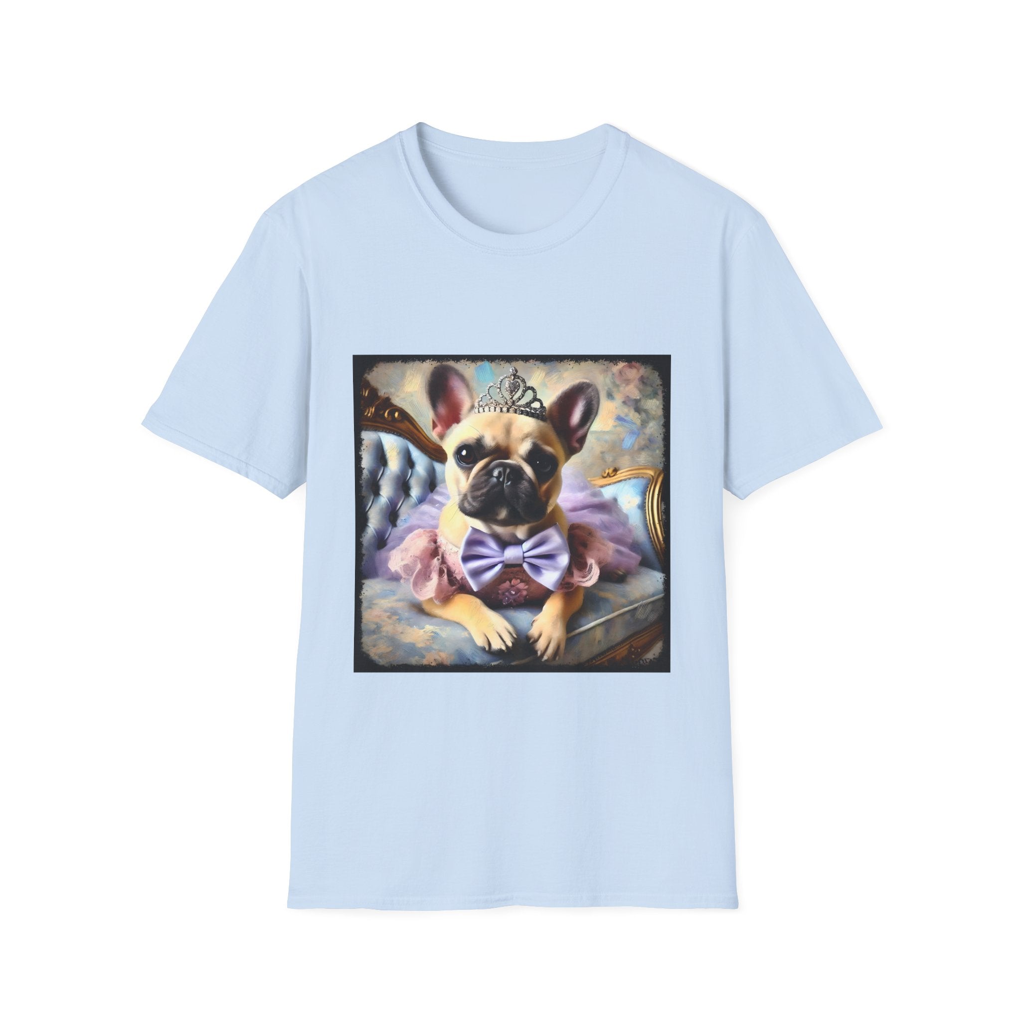 Light Blue dog t-shirt featuring French Bulldog wearing tiara, purple tutu, and bow, seated on royal chair with pastel background.