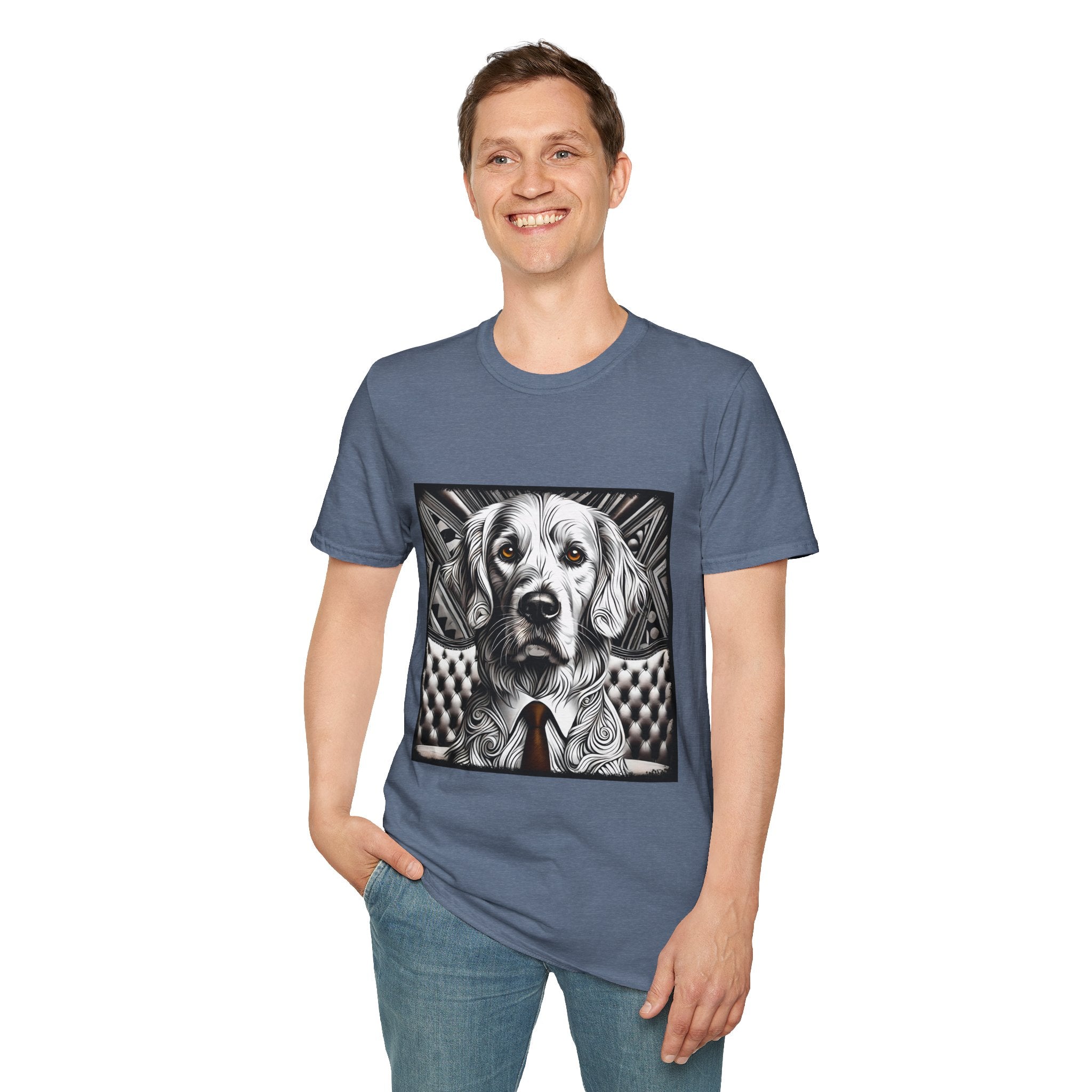 Male model in heather indigo dog t-shirt featuring monochrome golden retriever with brown eyes and tie in front of settee.