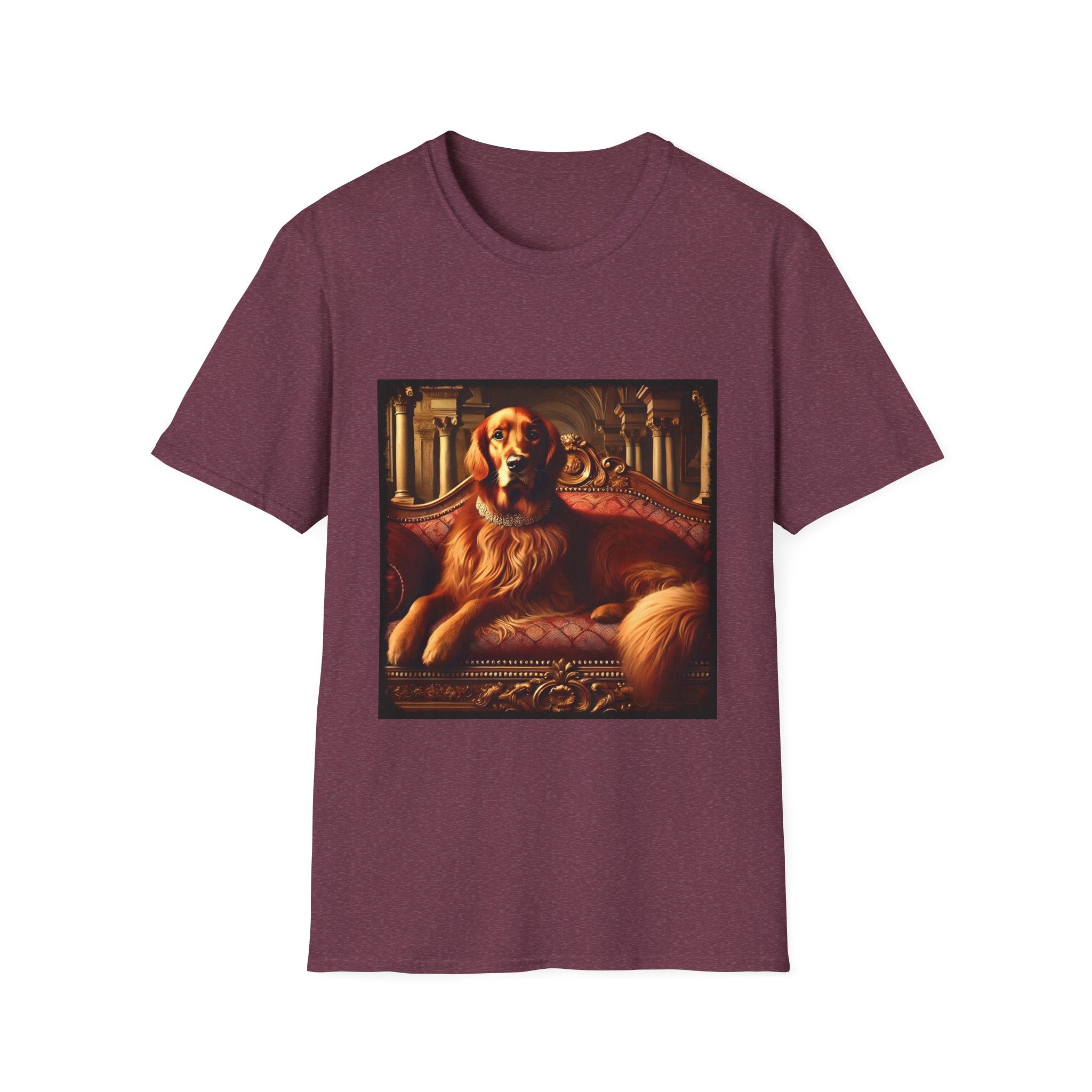 Heather maroon dog t-shirt with golden retriever on red settee, pearl collar, and regal columned backdrop.