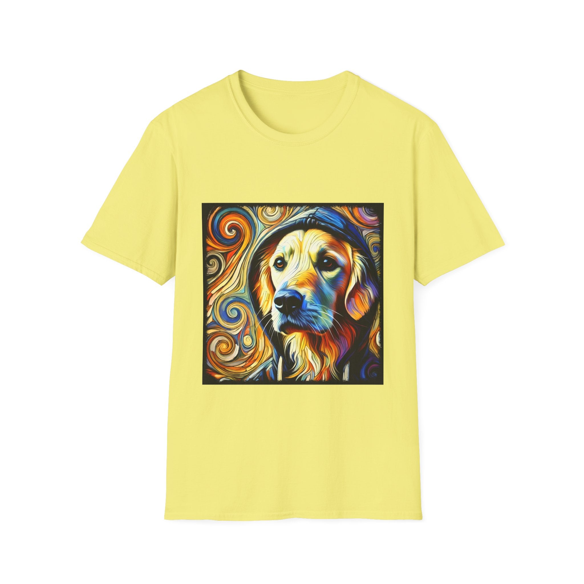 Yellow dog t-shirt with golden retriever in hoodie, swirled background in orange, yellow, and teal tones.