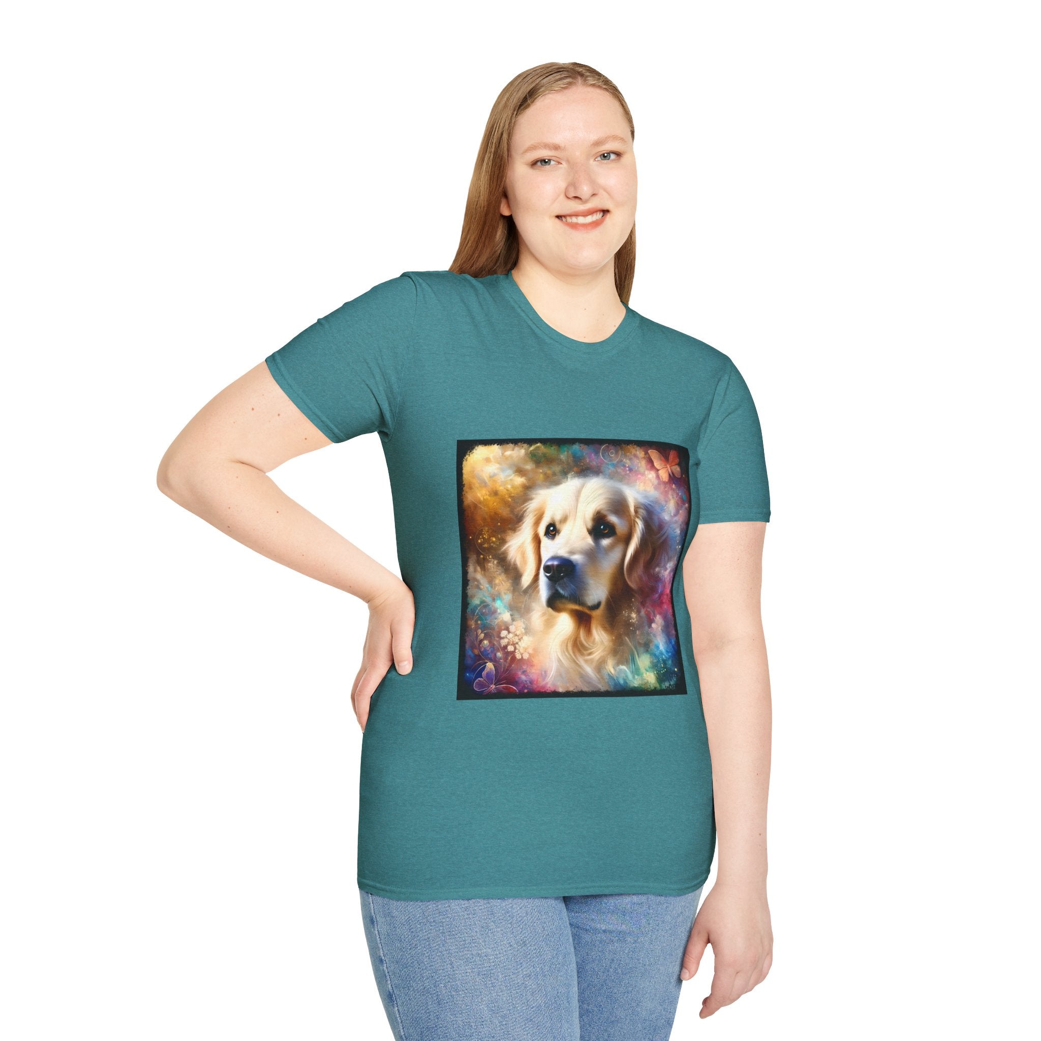 Female model in teal dog t-shirt with golden retriever portrait, soft fur, butterflies, and dreamy pastel colors.