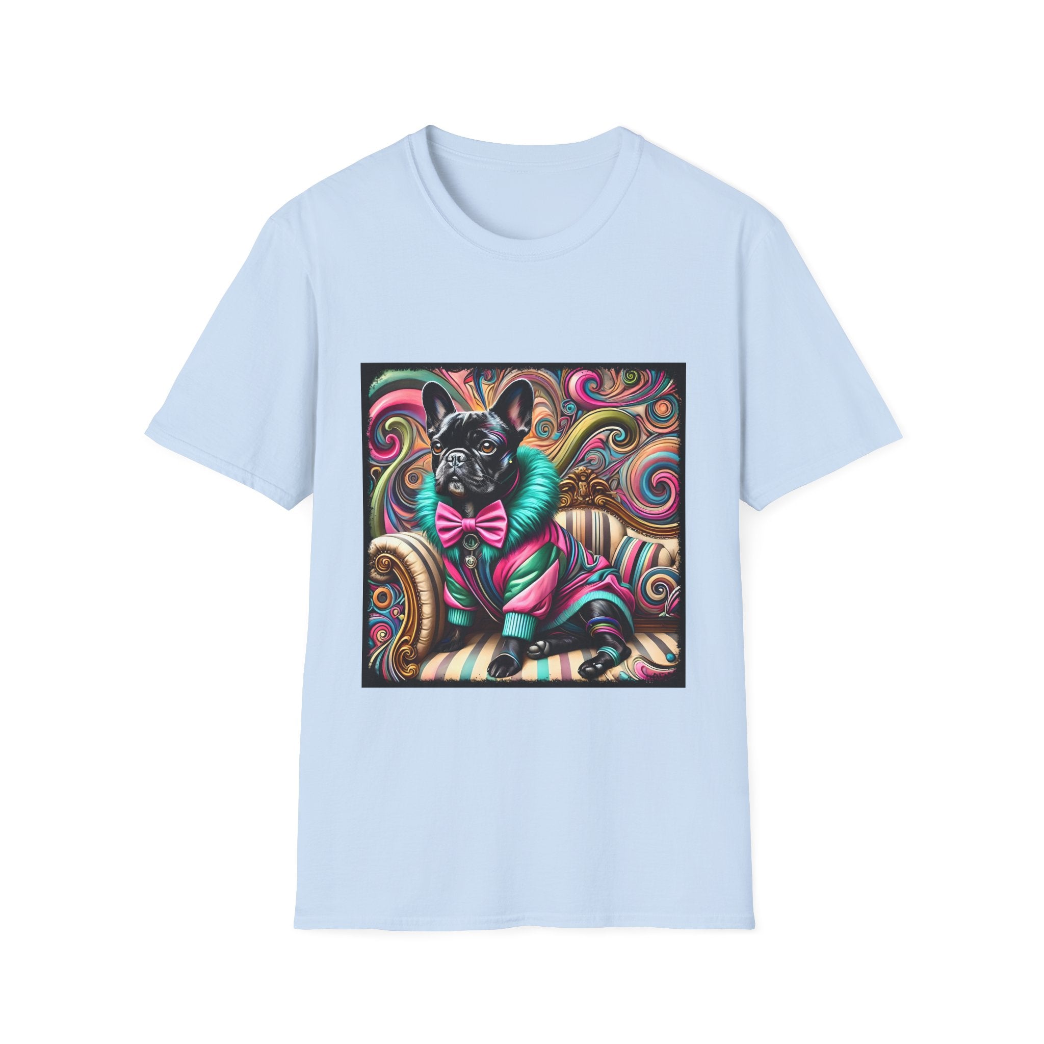 Dog t-shirt in light blue featuring black French Bulldog in pink and teal outfit on ornate striped settee with swirl background.