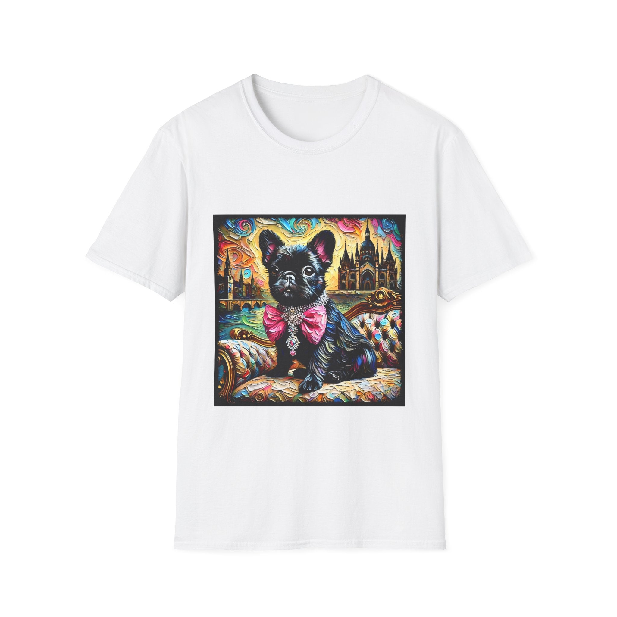 White dog t-shirt featuring black French Bulldog with jeweled pink bow, sitting on patterned settee, vivid castle swirl background.