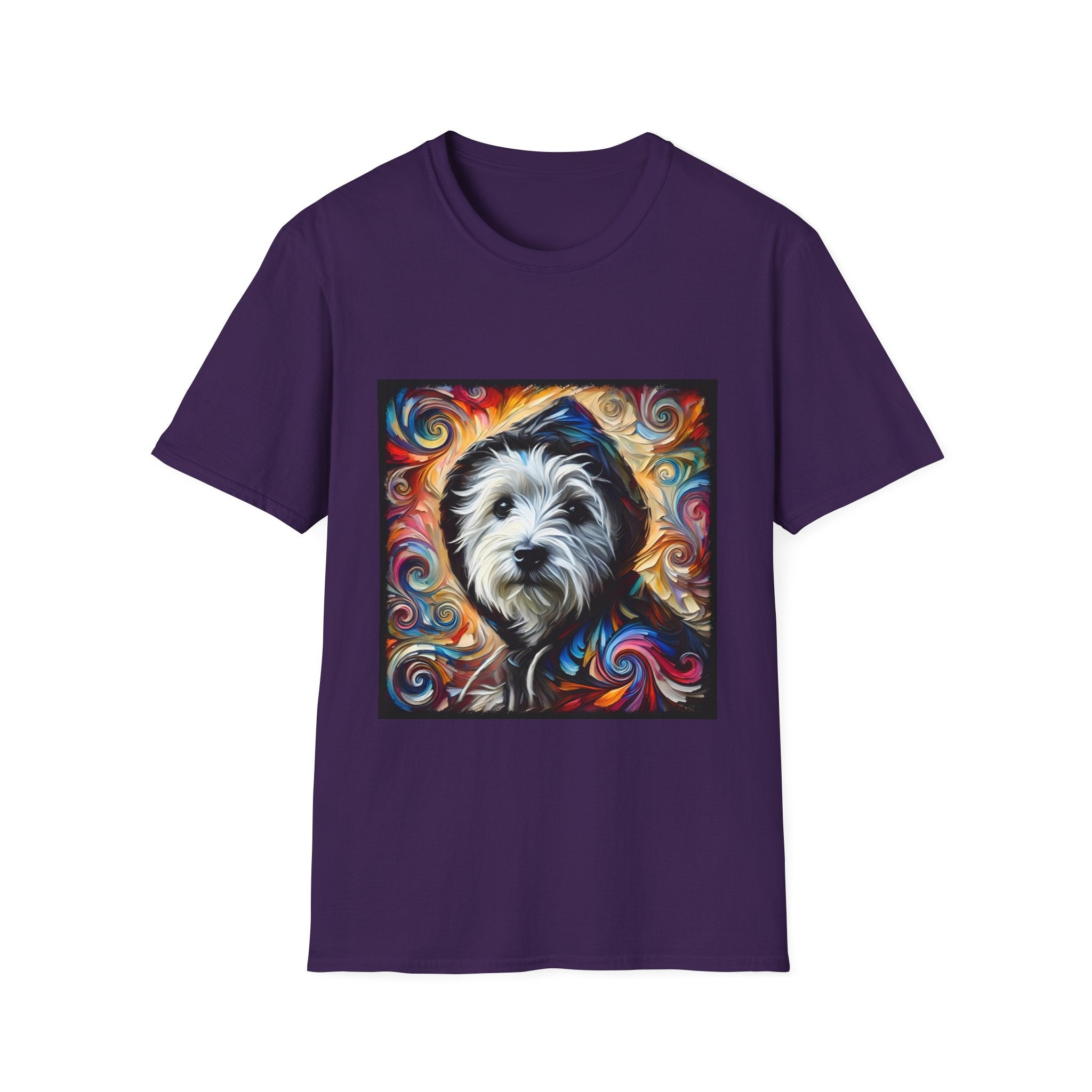 Purple dog t-shirt featuring Westie in black hoodie with swirling red blue orange and gold background.