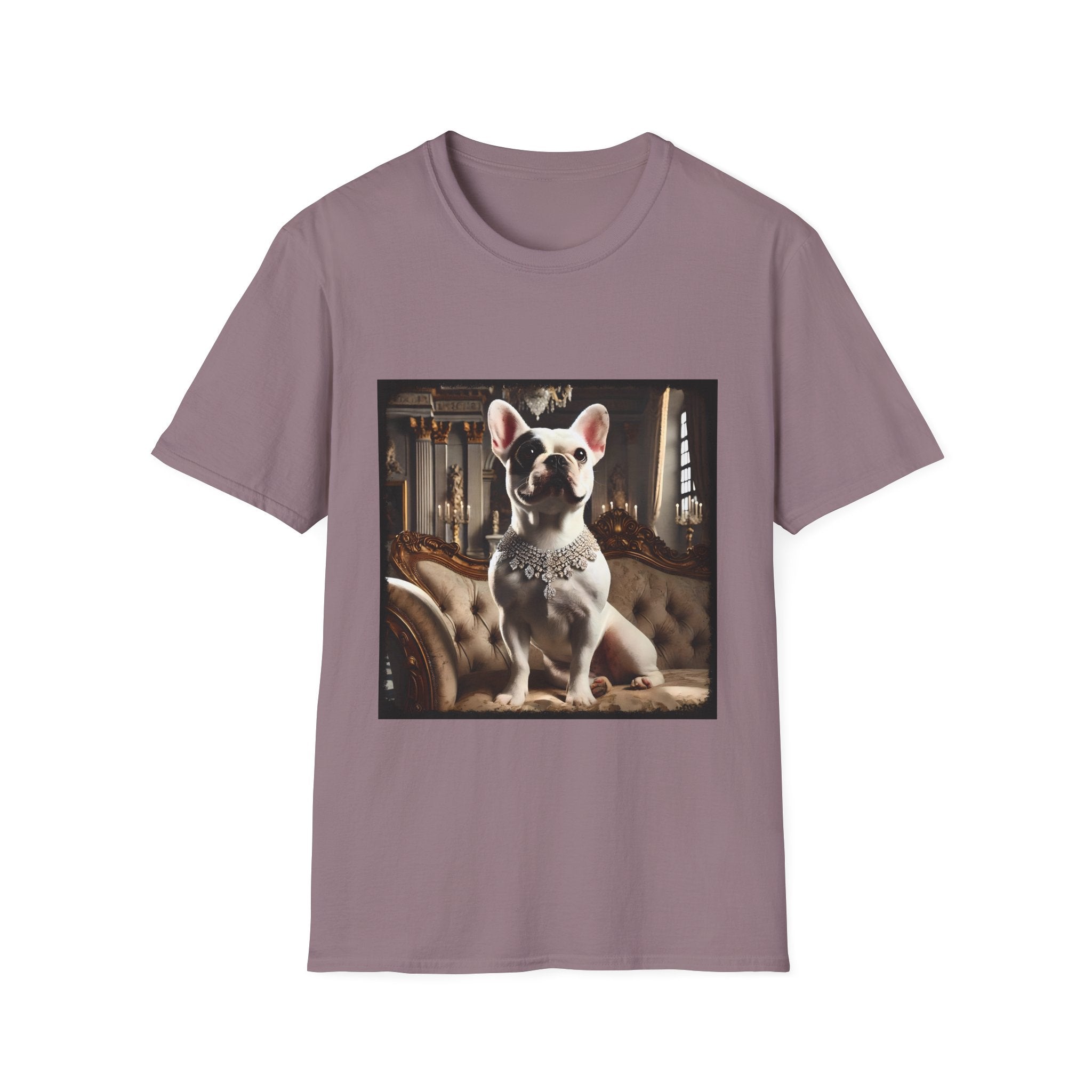 Mauve dog t-shirt featuring white French Bulldog wearing jeweled necklace, seated on tufted settee in elegant palace setting.