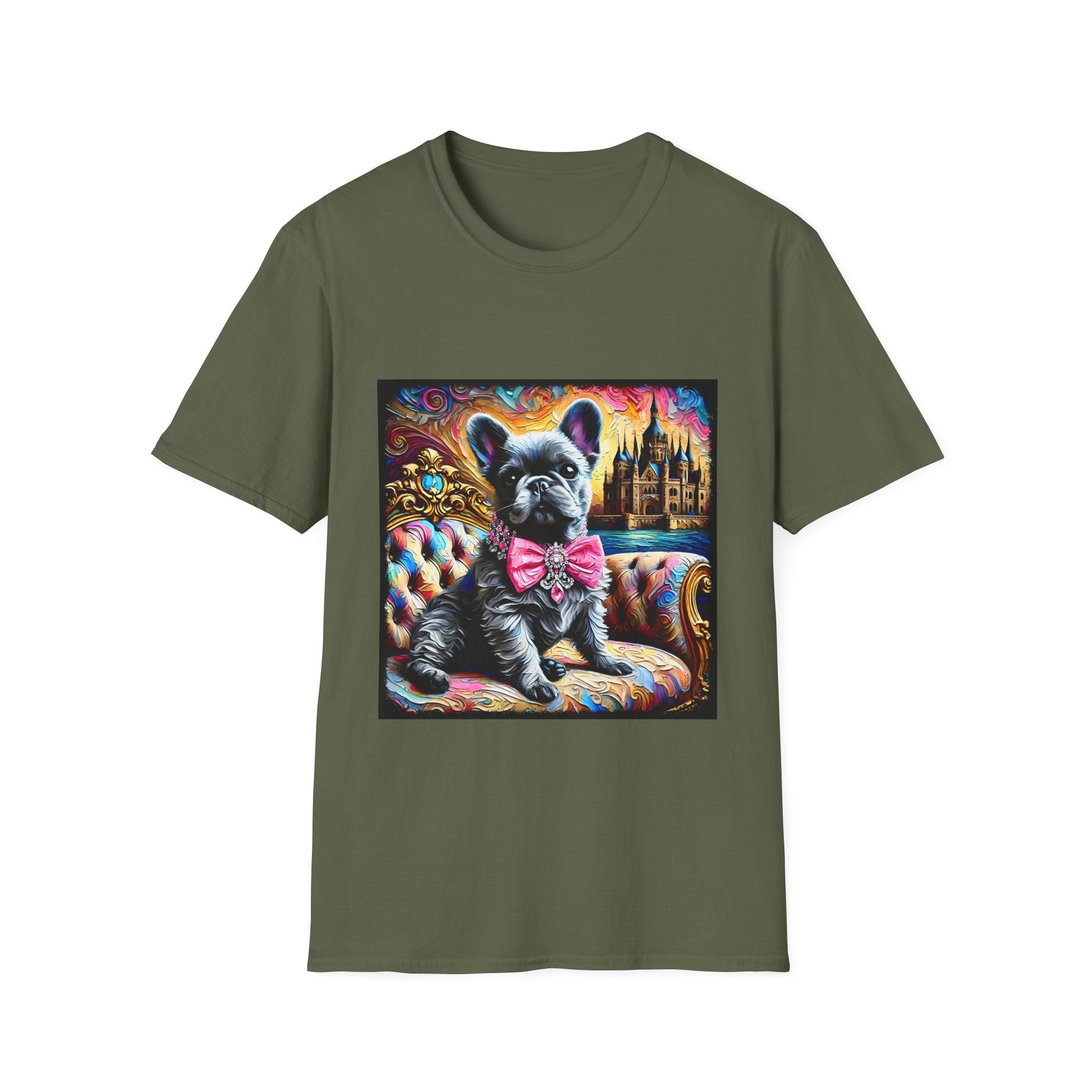 Military green dog t-shirt featuring a black French Bulldog in pink bow on ornate settee, with vivid castle and swirl background.