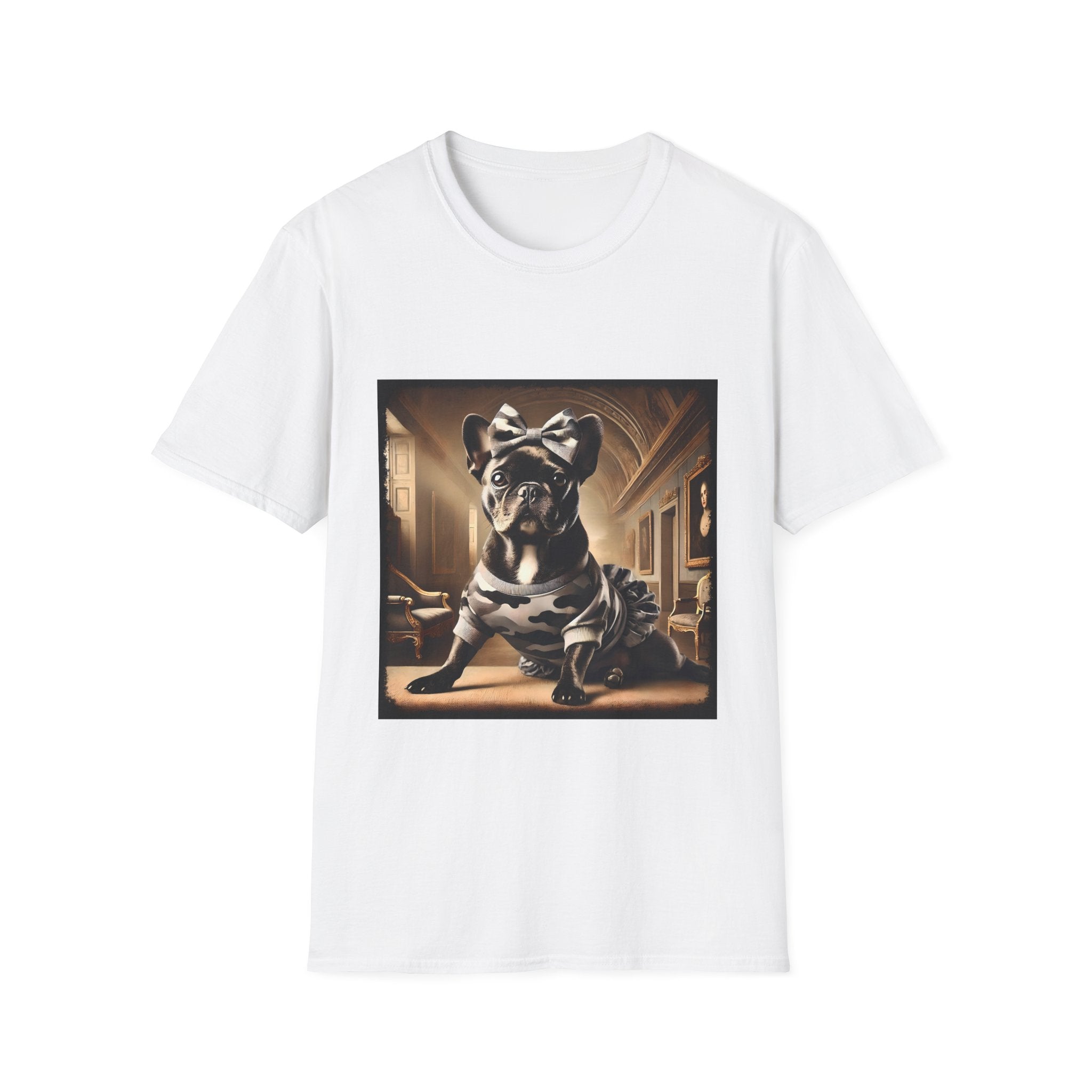 White dog t-shirt featuring black French Bulldog in camo dress and bow, set in sepia-toned palace hall.