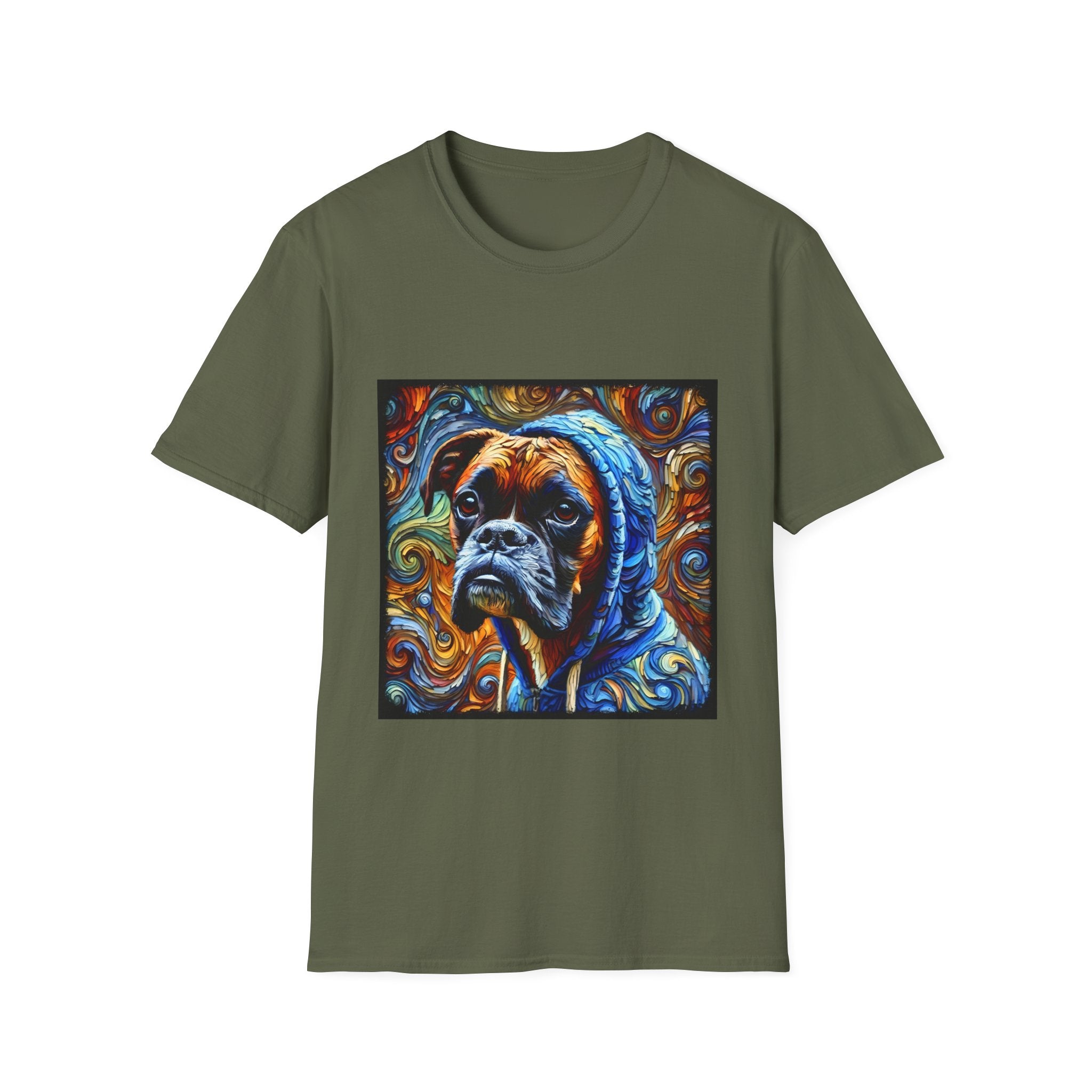 Military green dog t-shirt featuring a boxer in a blue hoodie with swirled orange, gold, and teal background design.