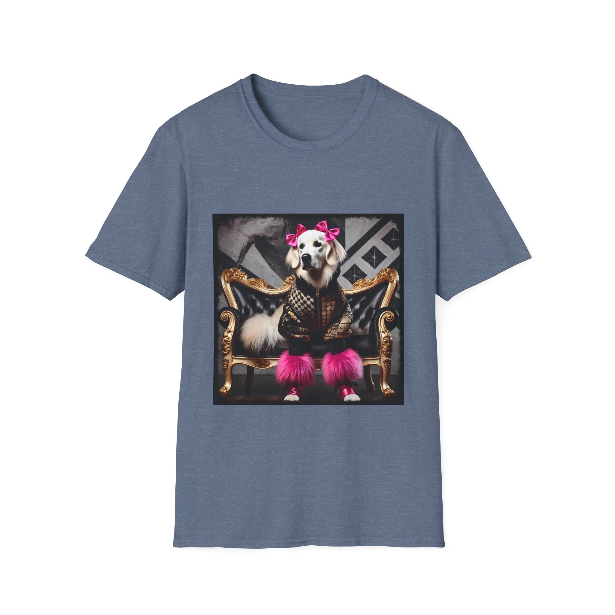 Heather indigo dog t-shirt featuring white dog in pink bows and boots on gold settee with edgy gray backdrop.