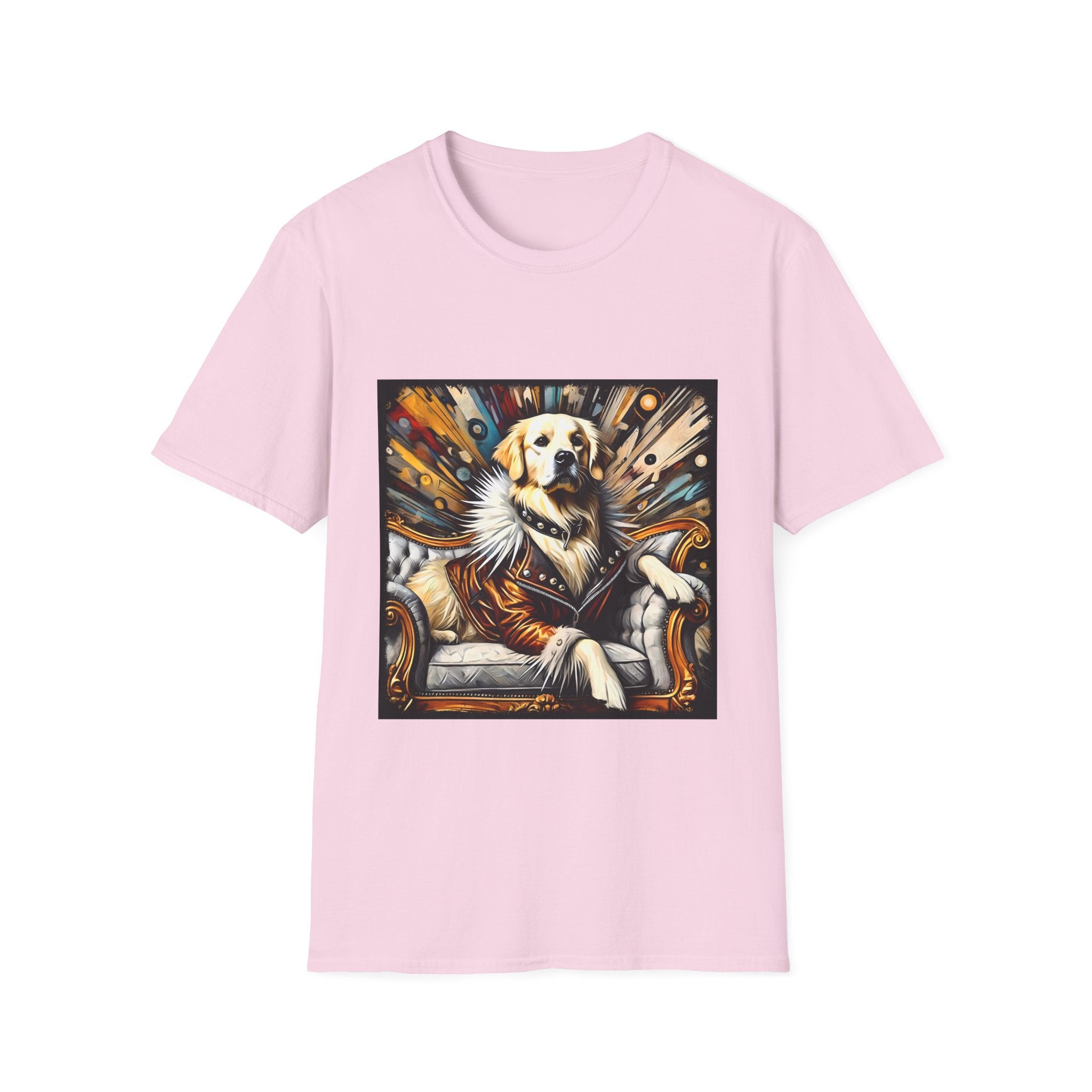 Light pink dog t-shirt featuring golden retriever in fur coat on gold throne with colorful backdrop.