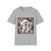 Gray t-shirt with a Bichon Frise in a Jet seat graphic on a ice grey shirt