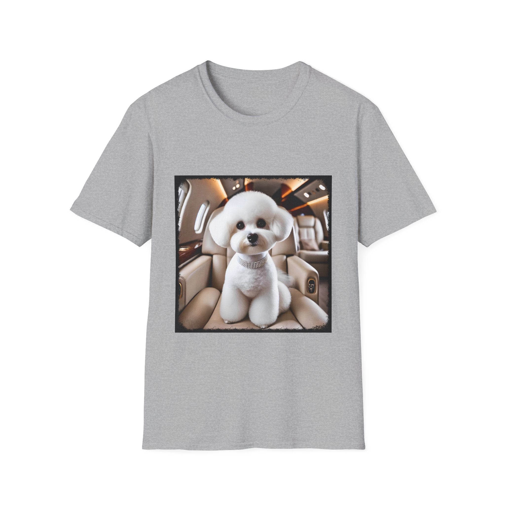 Gray t-shirt with a Bichon Frise in a Jet seat graphic on a ice grey shirt