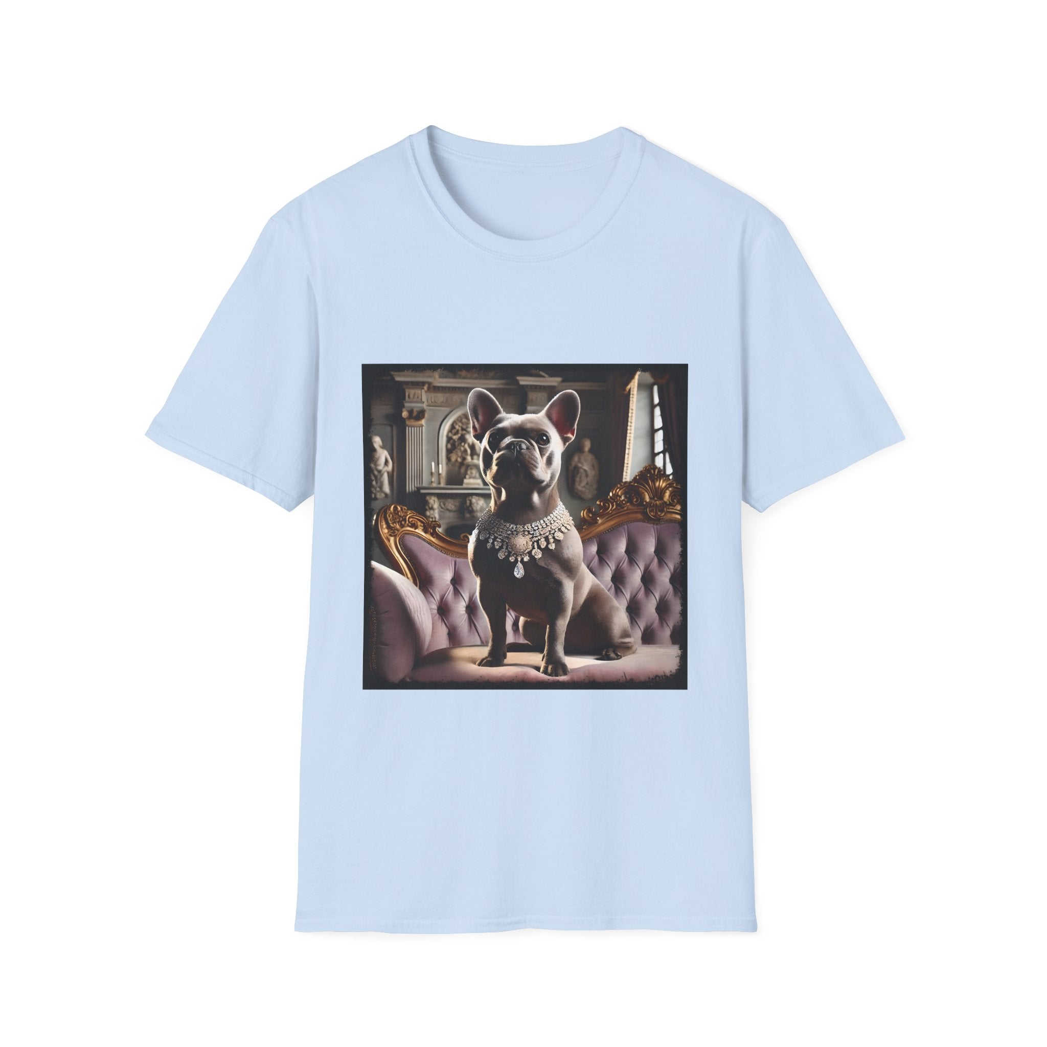 Light blue dog t-shirt featuring gray French Bulldog in jeweled necklace on tufted settee with grand palace-style background.