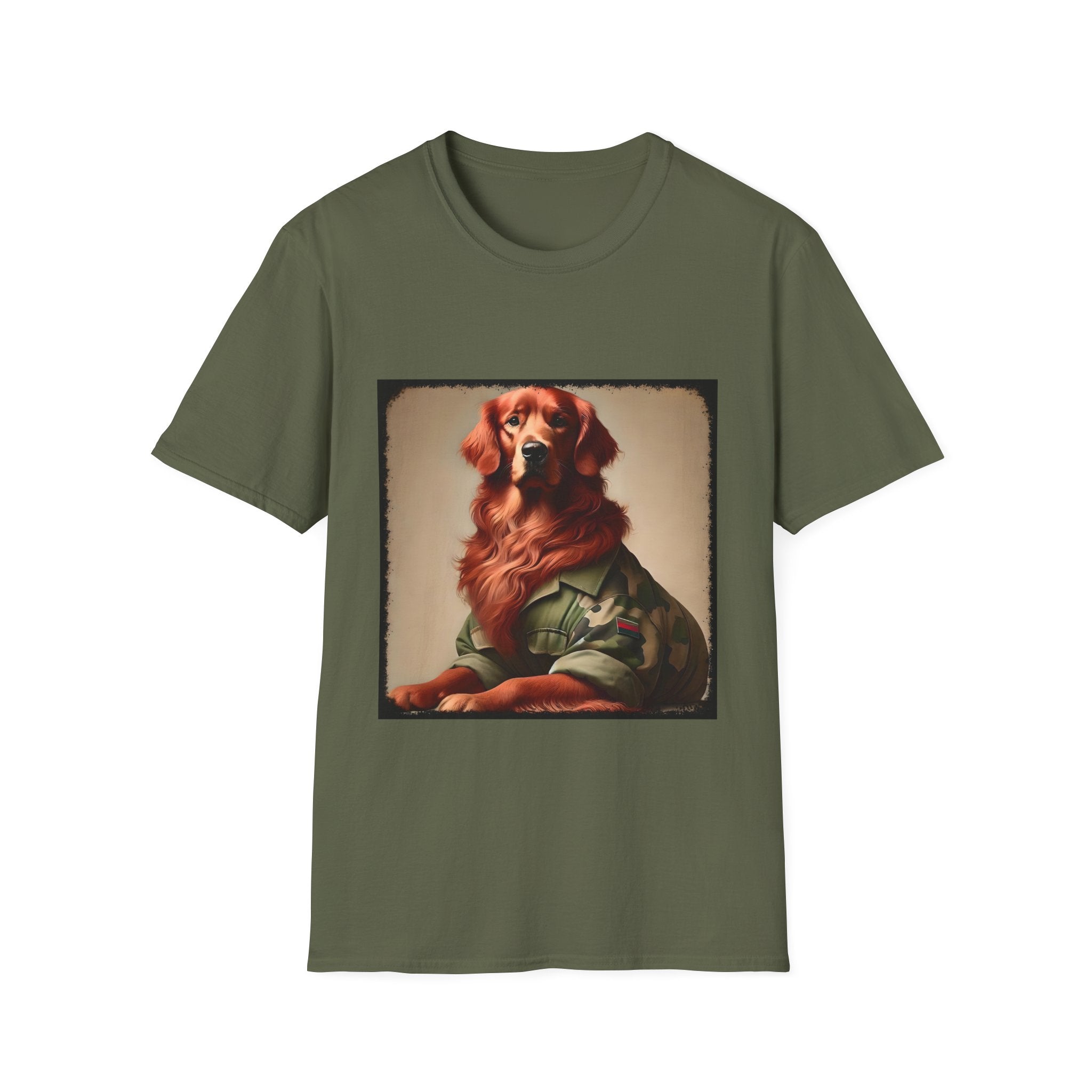 Military green dog t-shirt featuring golden retriever in camouflage jacket with flag patch, tan background.