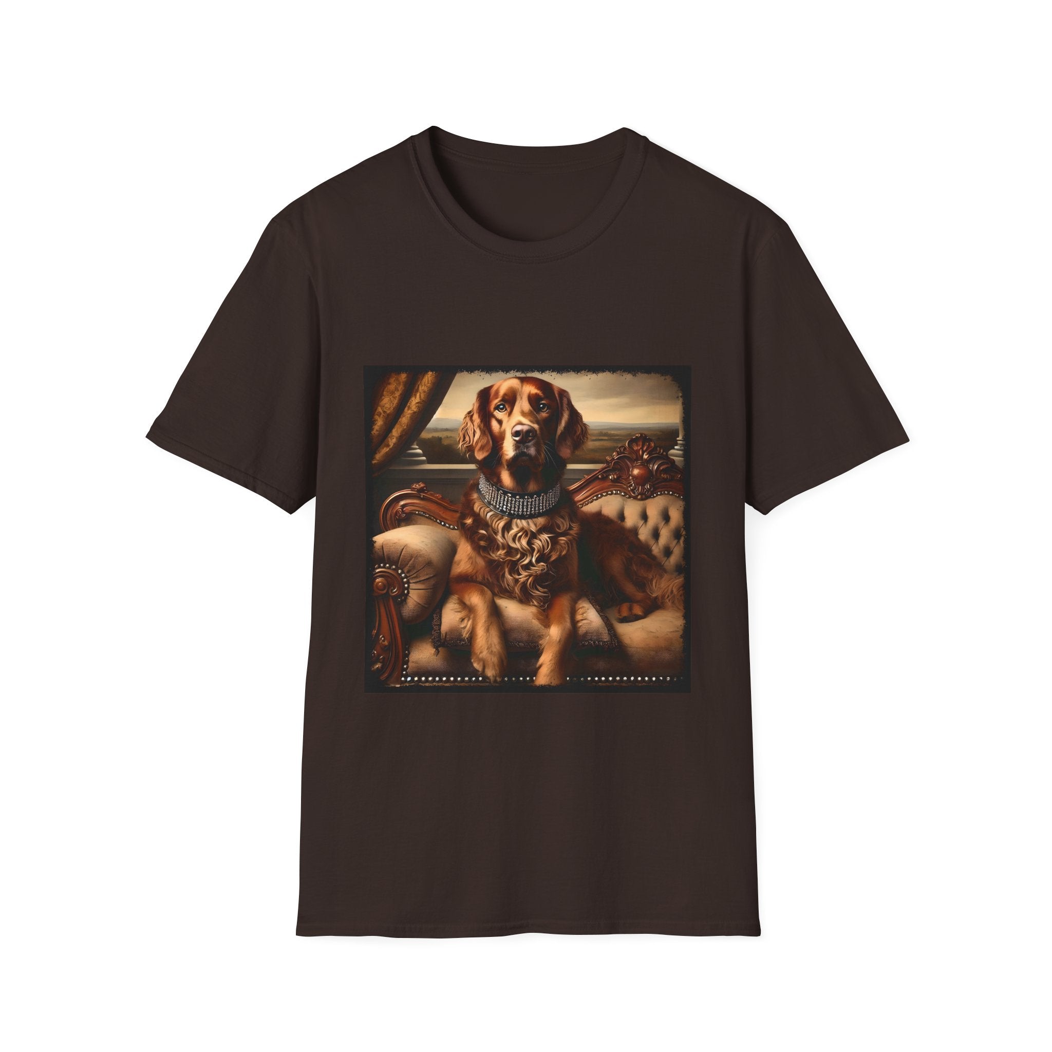 Dark chocolate dog t-shirt featuring a chocolate brown golden retriever in a jeweled collar, seated on a vintage tufted settee.