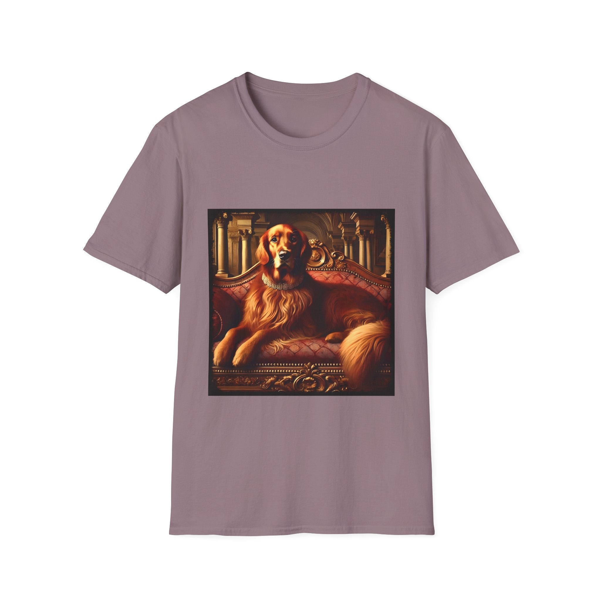 Mauve dog t-shirt with golden retriever on red settee, pearl collar, and regal columned backdrop.