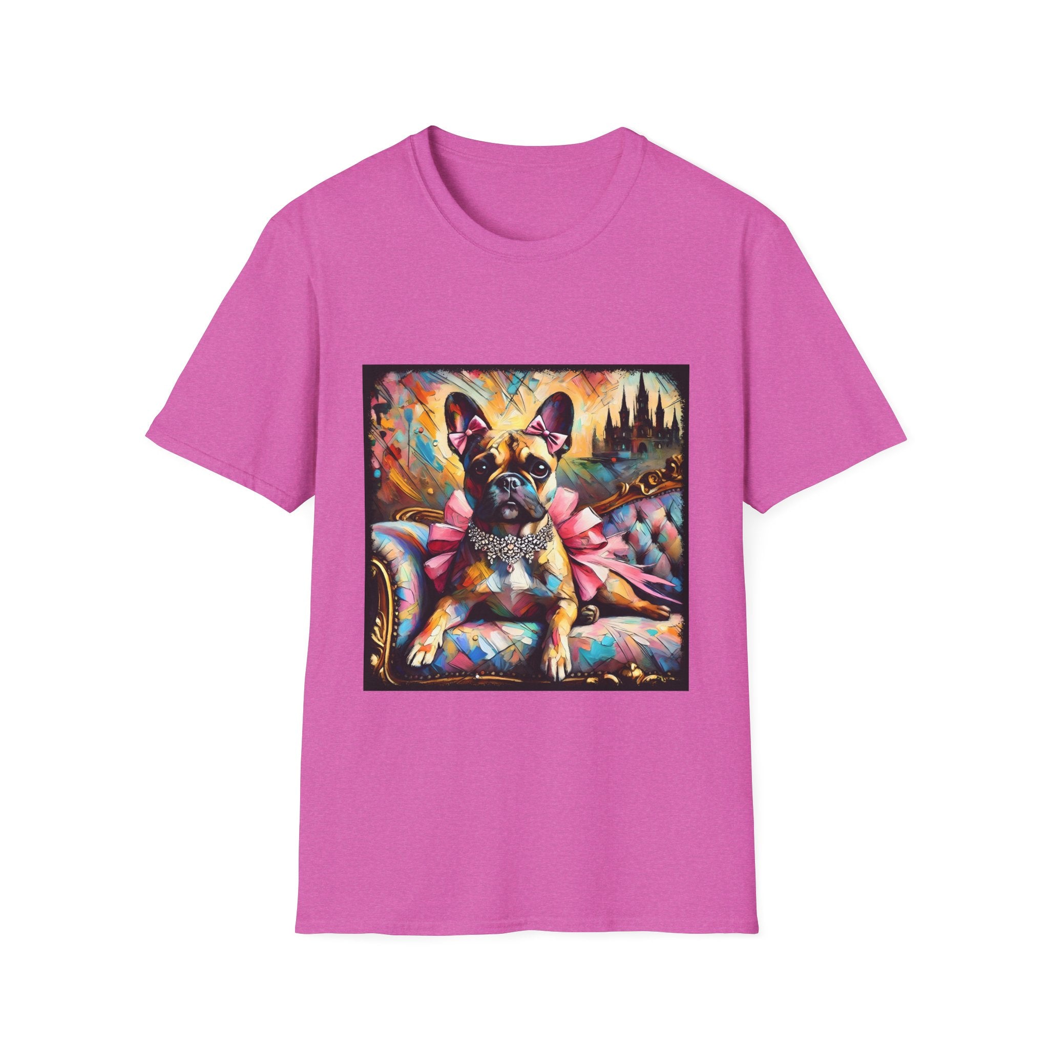 Dark Pink dog t-shirt featuring fawn French Bulldog with jeweled collar on settee, vivid swirl and castle background.