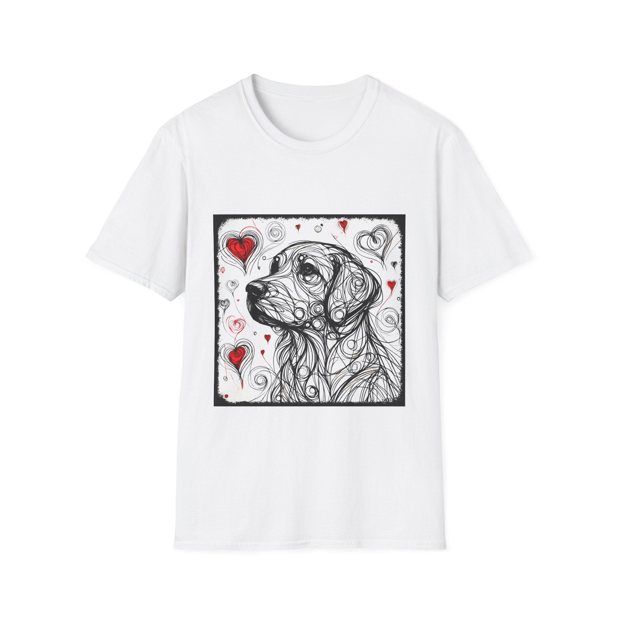 White dog t-shirt featuring golden retriever line art with red hearts on a white background with abstract swirl pattern.
