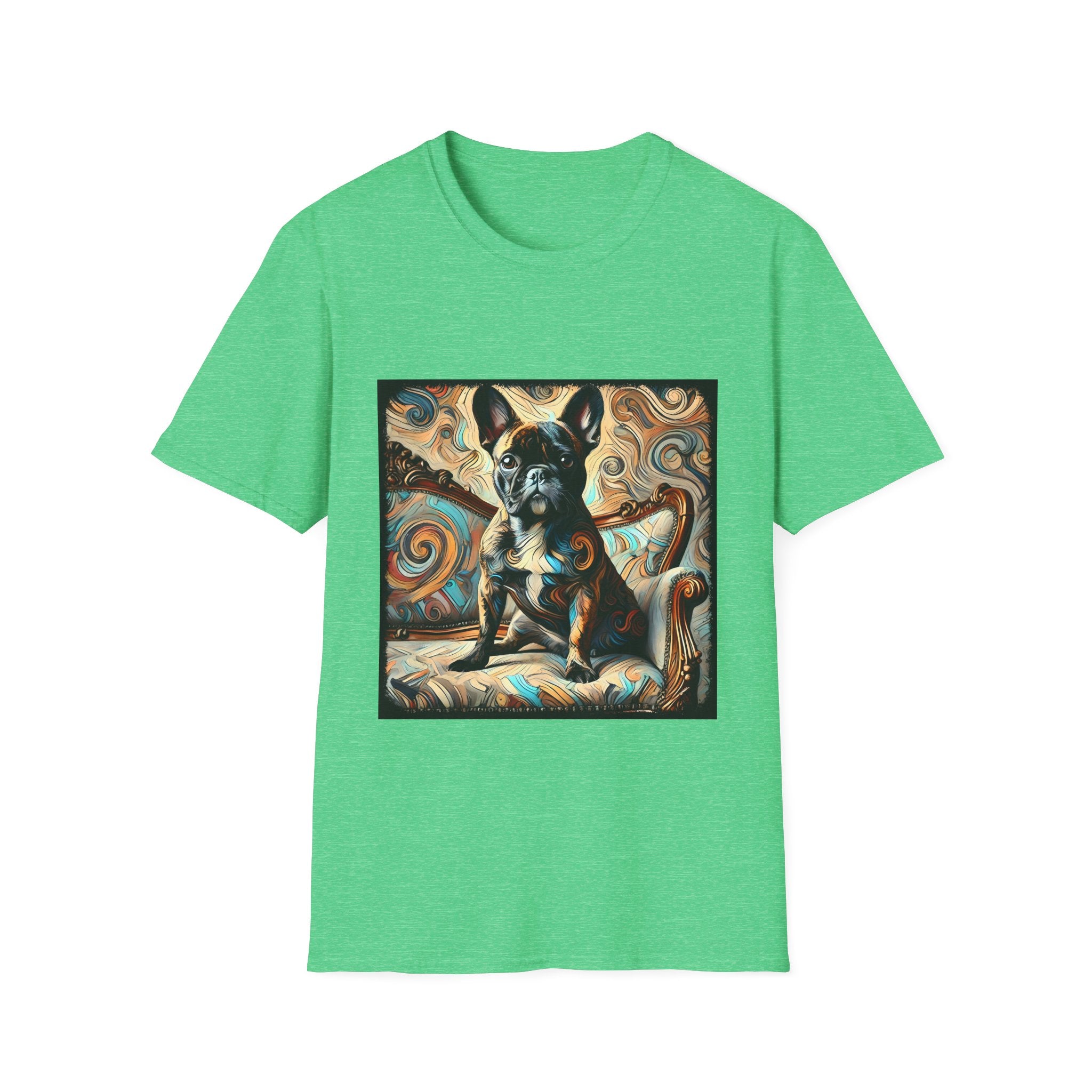 Irish Green dog t-shirt featuring black and tan French Bulldog on ornate settee with swirl pattern background.