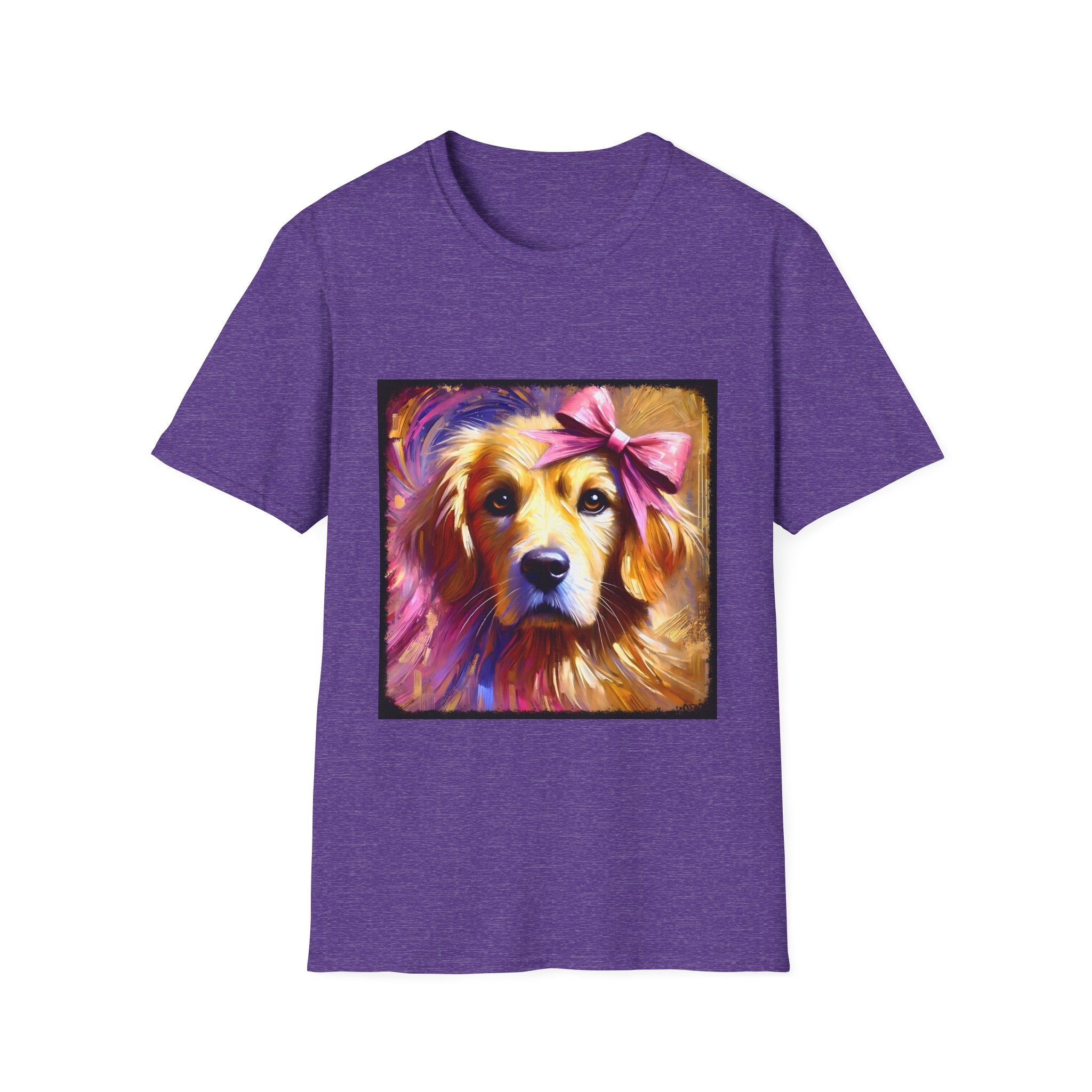 Heather purple dog t-shirt featuring golden retriever with pink bow on head, bold brushstroke background in pinks.