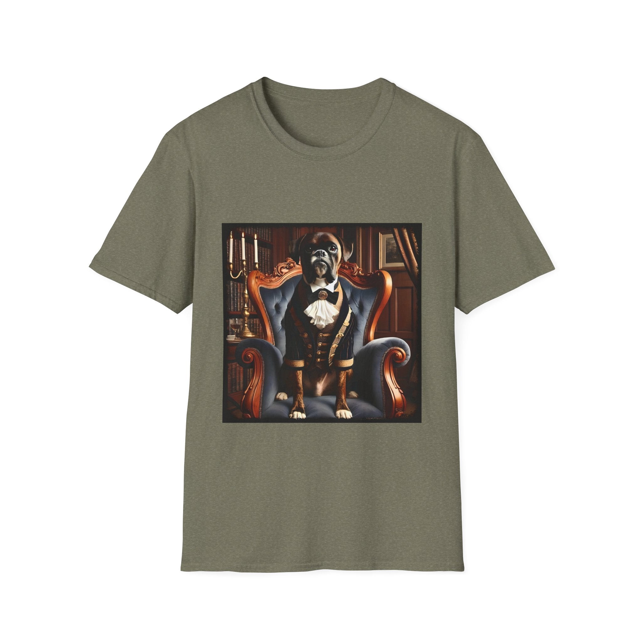 Heather military green dog t-shirt featuring boxer in brown period suit with cravat seated in ornate blue armchair.