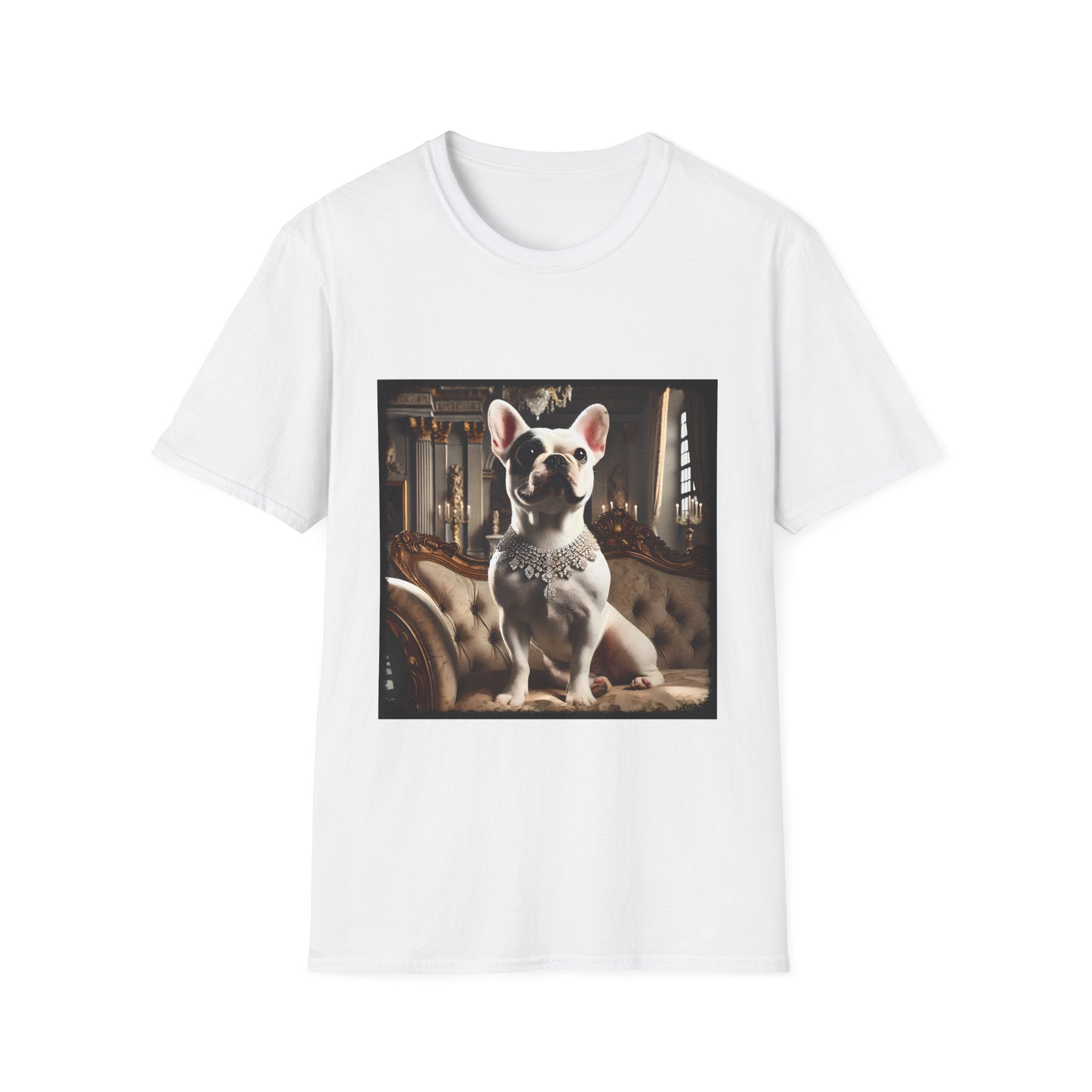 White dog t-shirt featuring white French Bulldog wearing jeweled necklace, seated on tufted settee in elegant palace setting.