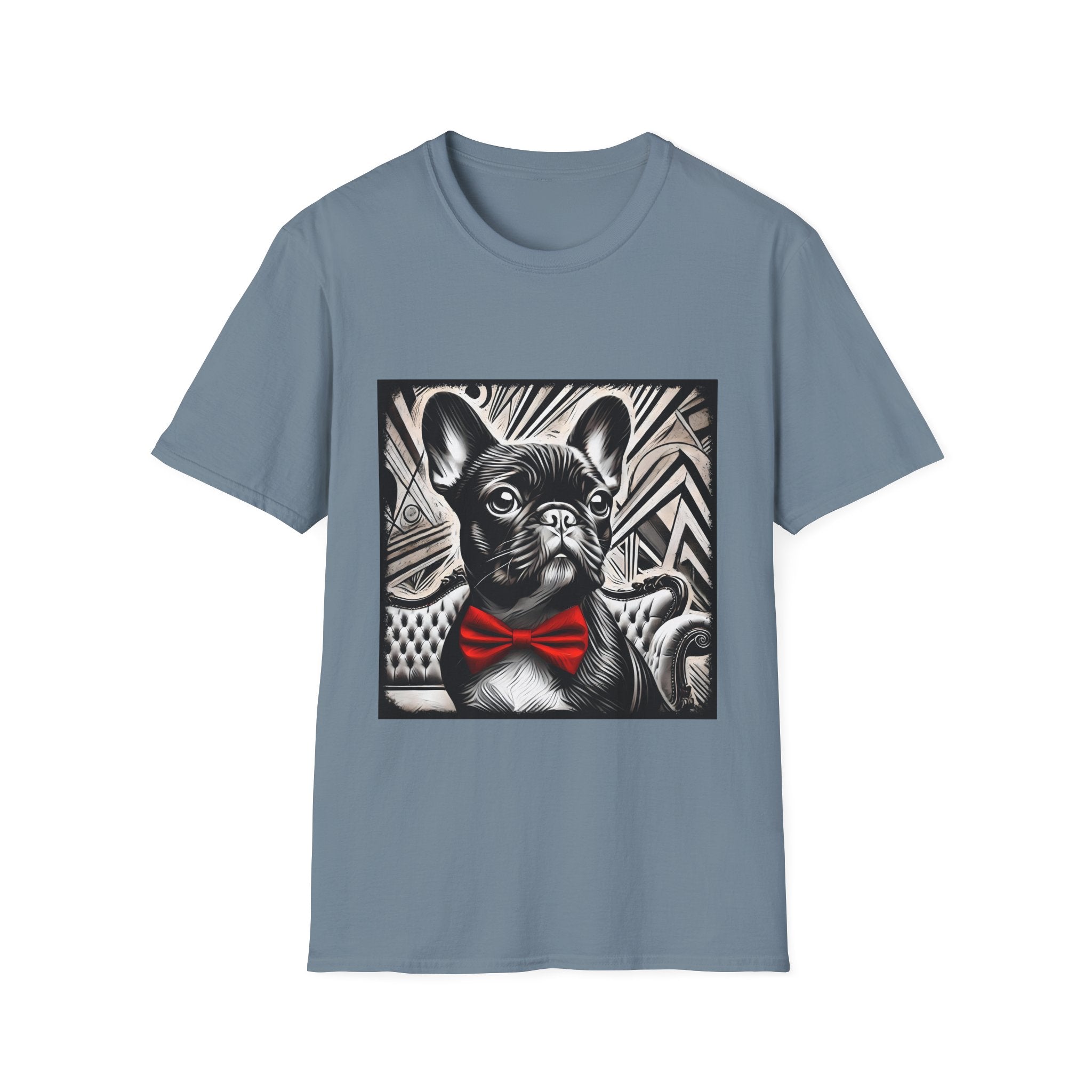 Stone blue dog t-shirt featuring a black and white French Bulldog with a bold red bow tie and art deco backdrop.