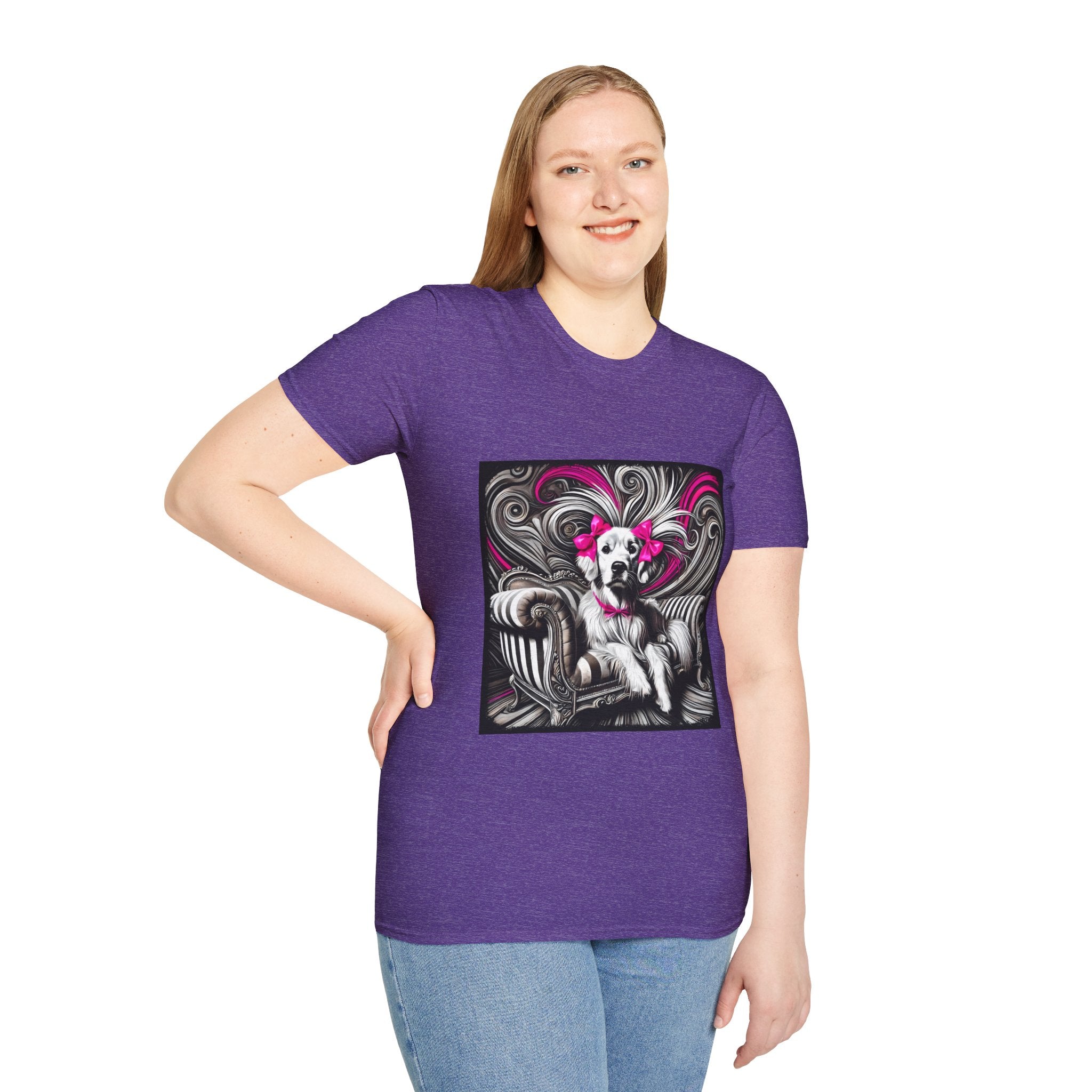 Female model in heather purple dog t-shirt featuring black-and-white art of retriever with pink bows and swirling accents.